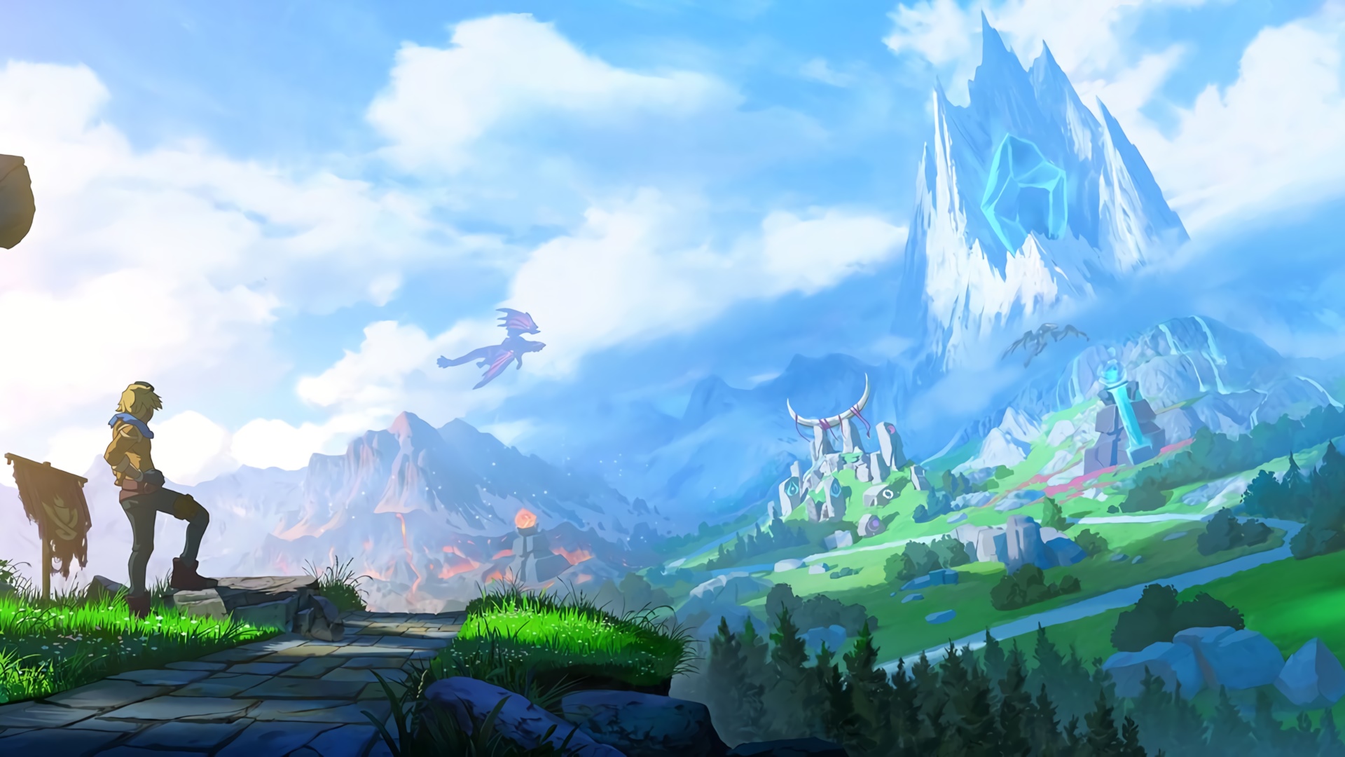 Ezreal and dragon in a fantasy landscape HD Wallpaper