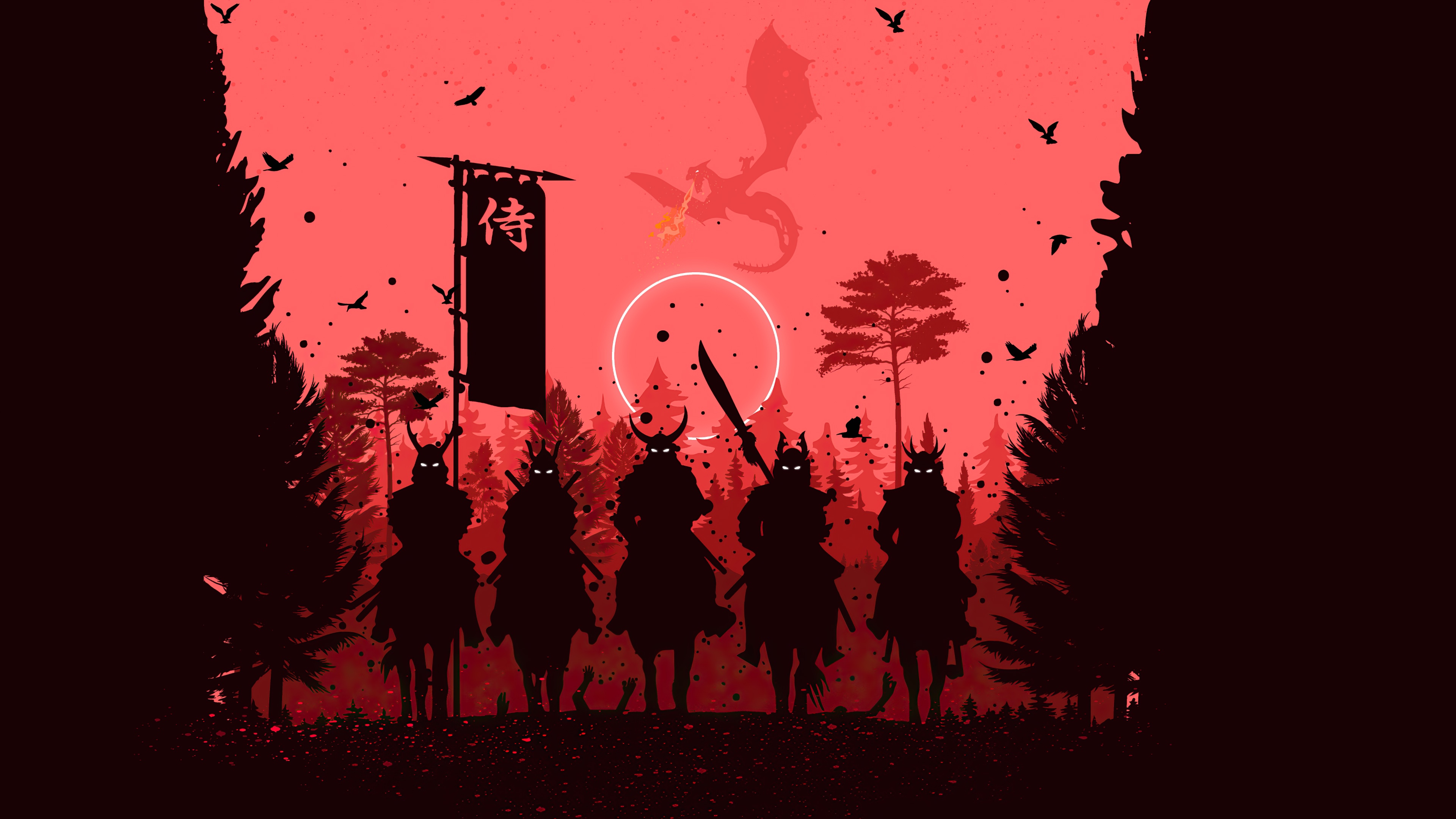 Samurai warriors and dragon in a forest HD Wallpaper