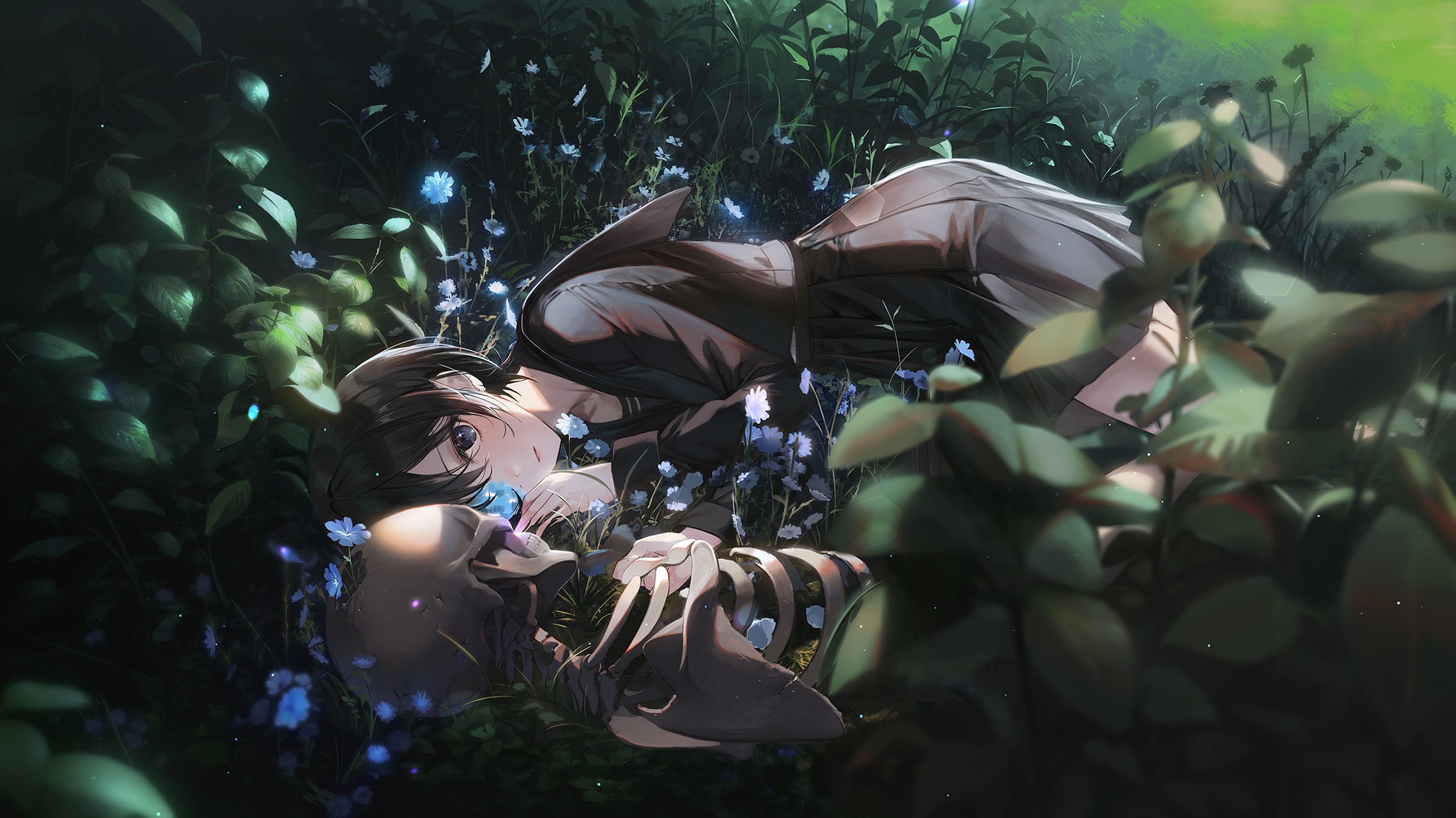 Anime girl lying with a skeleton among plants HD Wallpaper