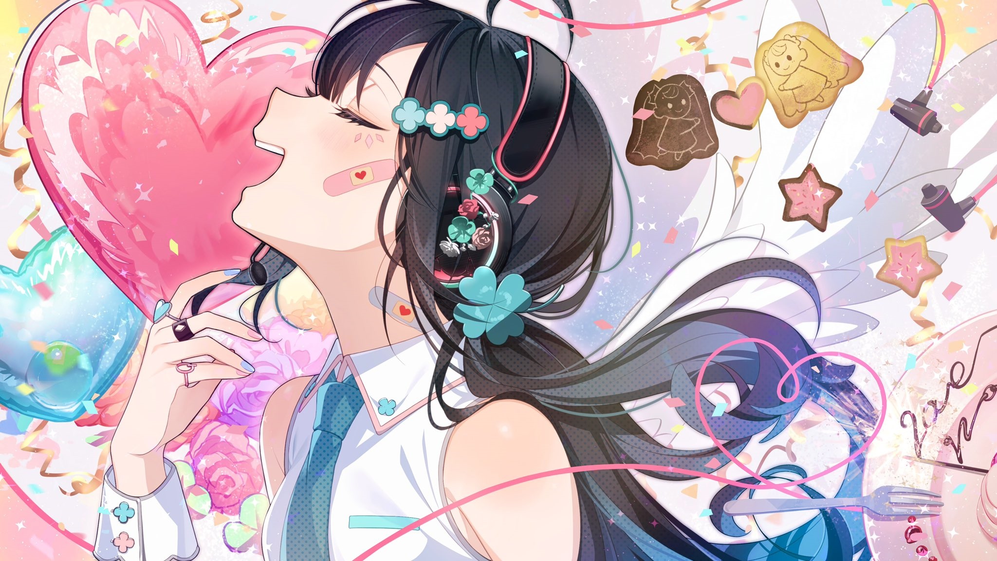 Anime girl with heart balloons and cookies HD Wallpaper