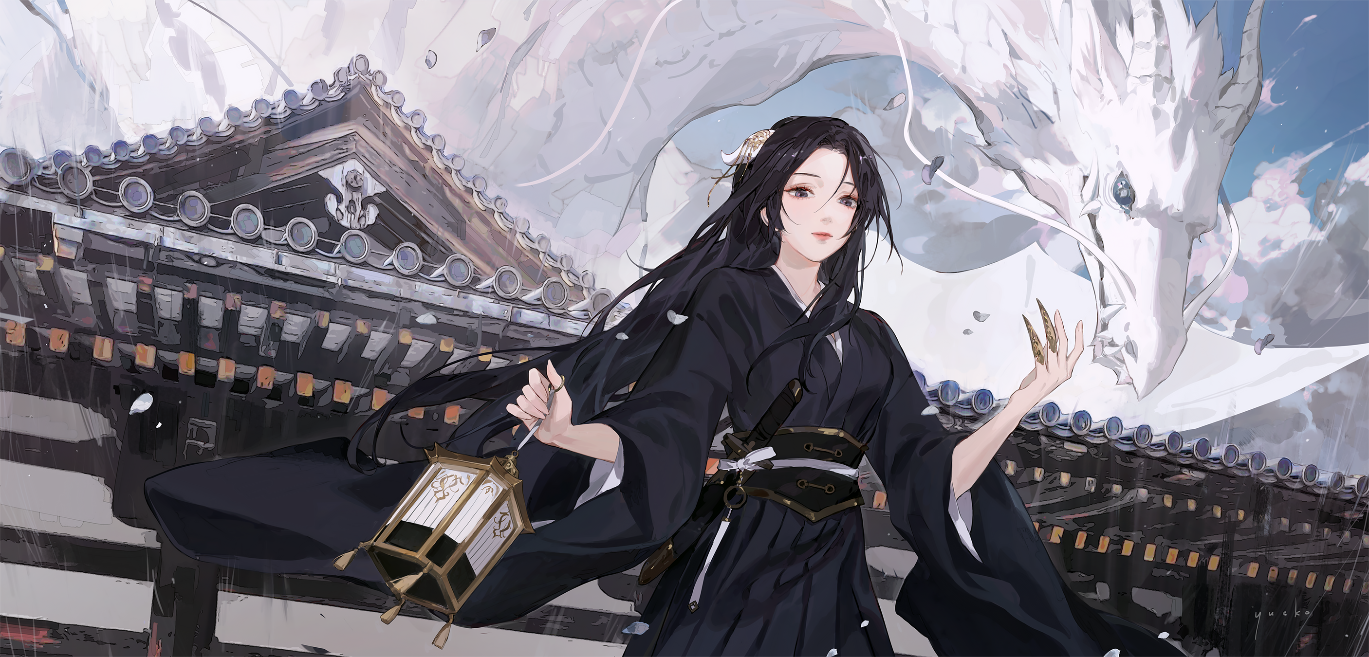 Girl with a Chinese Dragon and Lantern HD Wallpaper