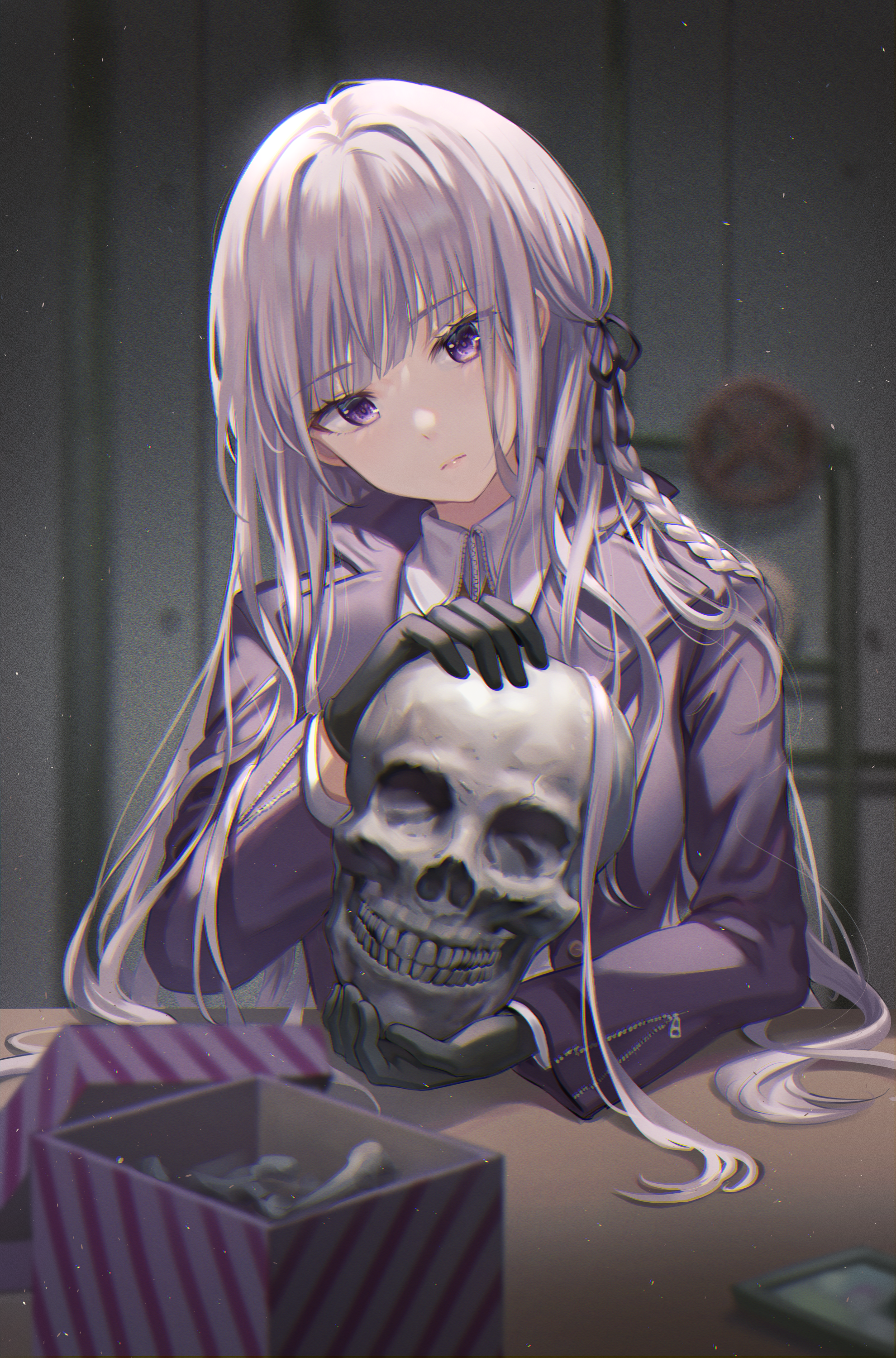Kyoko Kirigiri holding a skull from Danganronpa HD Phone Wallpaper