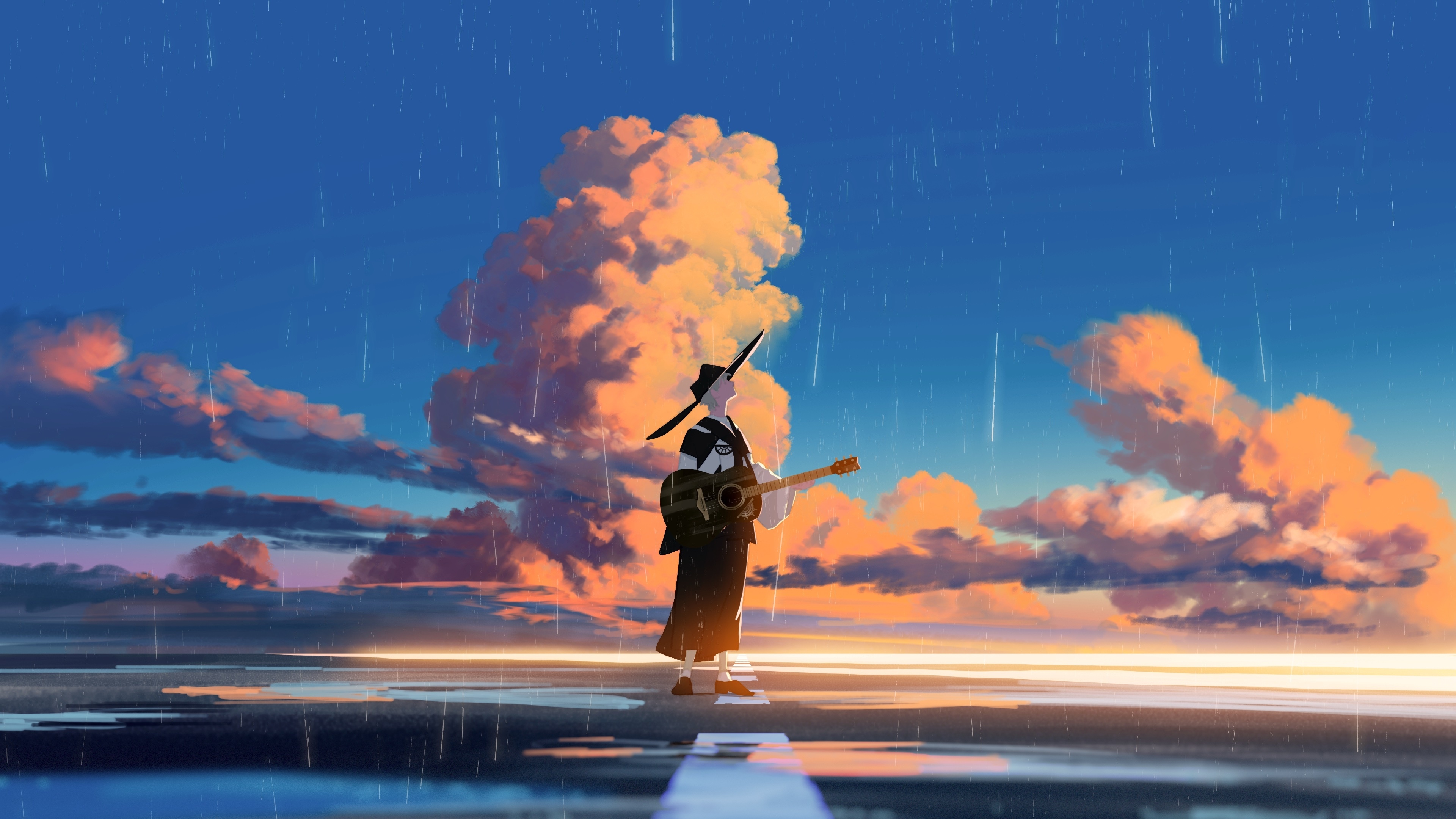 Anime character with guitar in the rain HD Wallpaper
