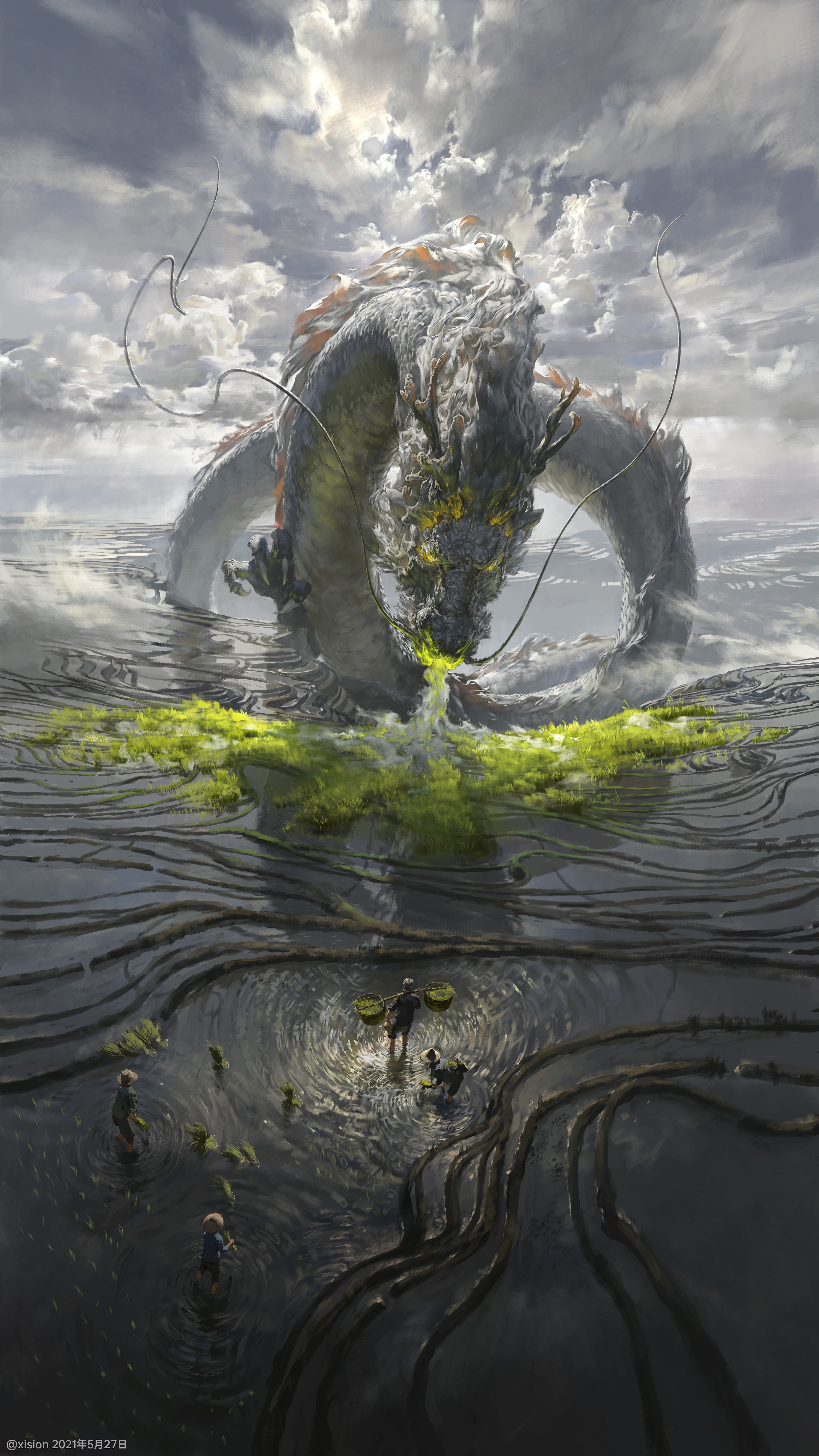 Chinese Dragon Over Rice Terraces with Farmers HD Phone Wallpaper