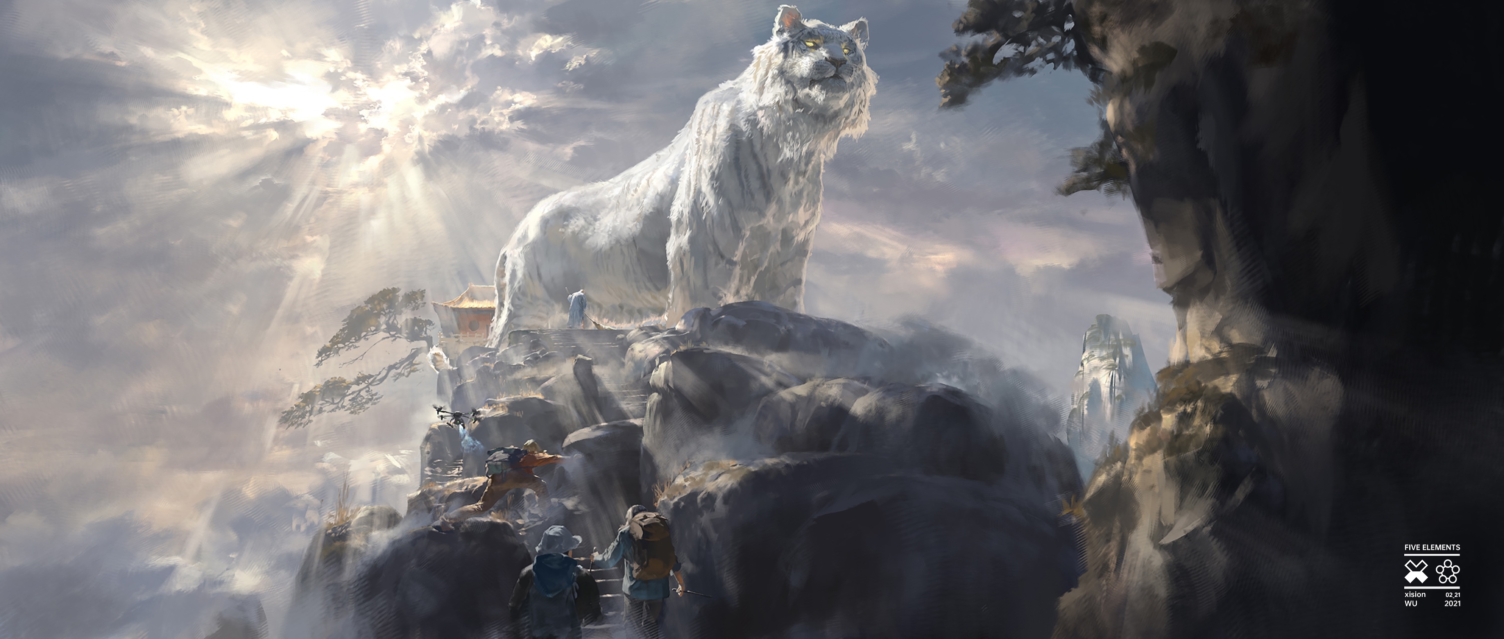 Giant white tiger statue on a mountain HD Wallpaper