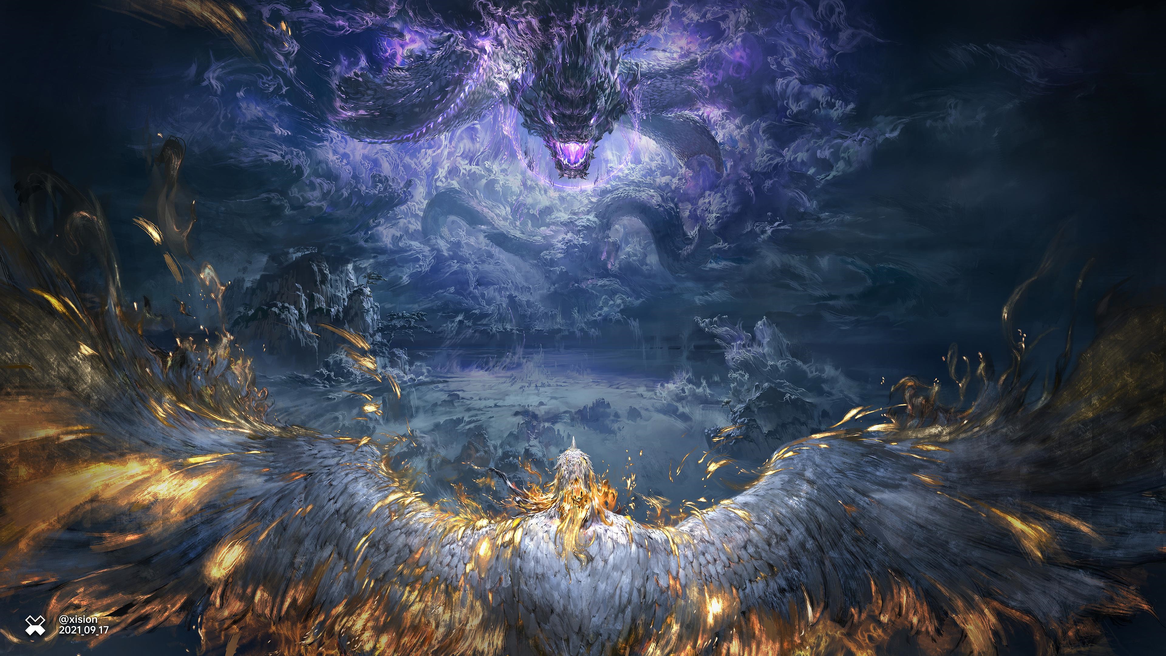 4K Chinese Dragon and Phoenix Artwork by Xision HD Wallpaper