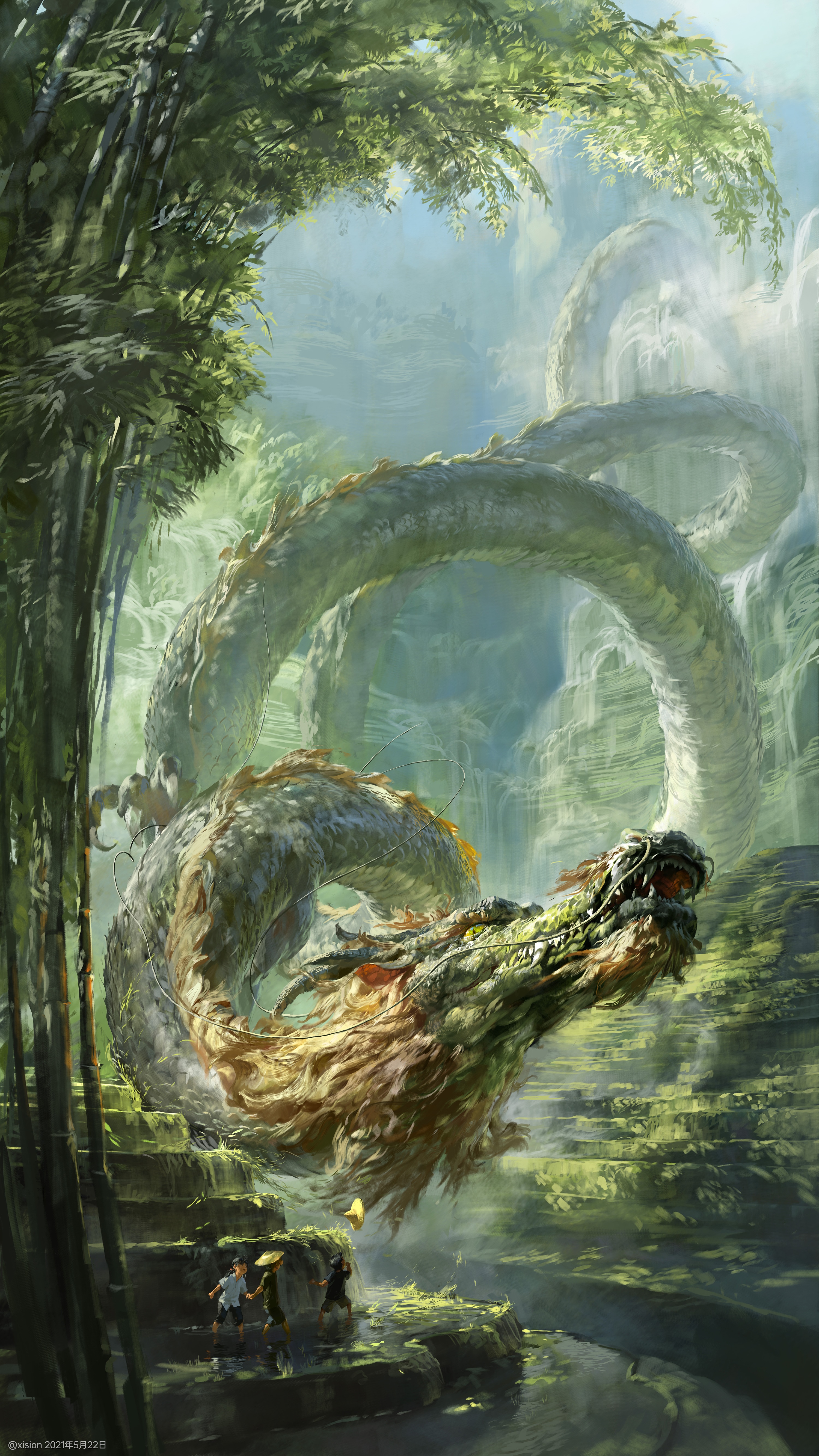 A Chinese dragon in a bamboo forest with children HD Phone Wallpaper
