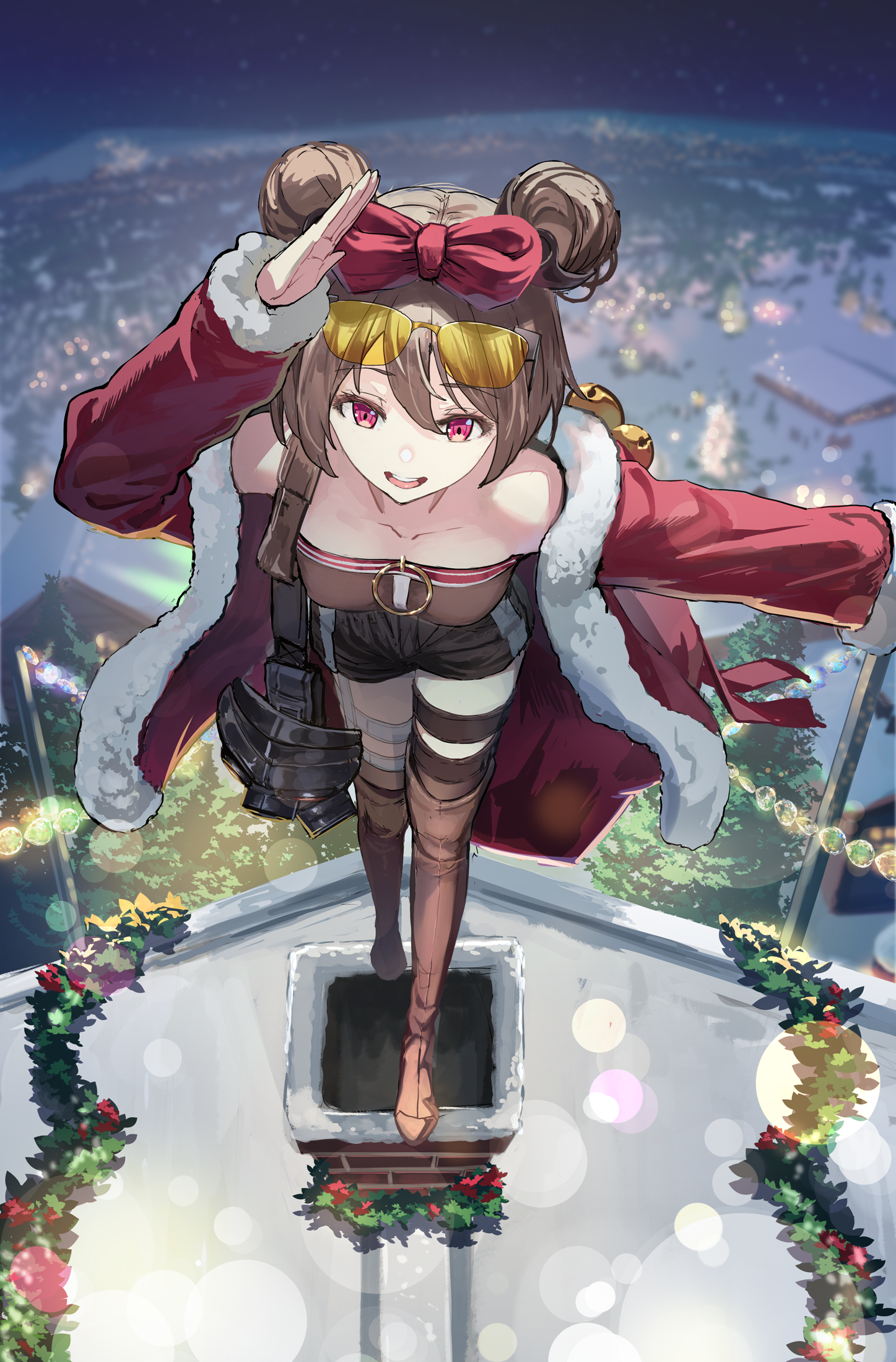 P90 from Girls Frontline in Christmas outfit on a rooftop HD Phone Wallpaper