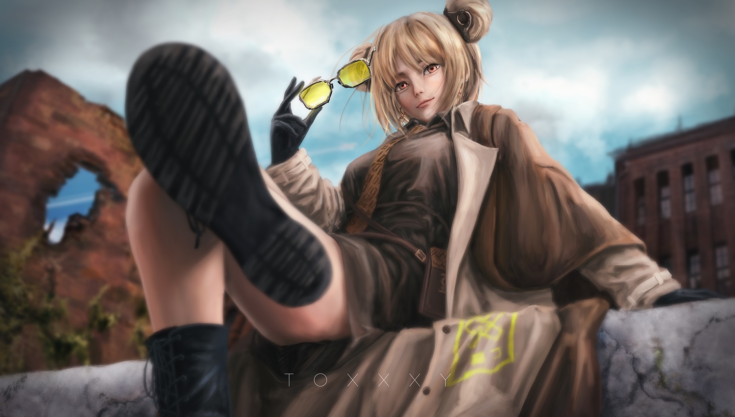 Girl with hair buns holding sunglasses HD Wallpaper