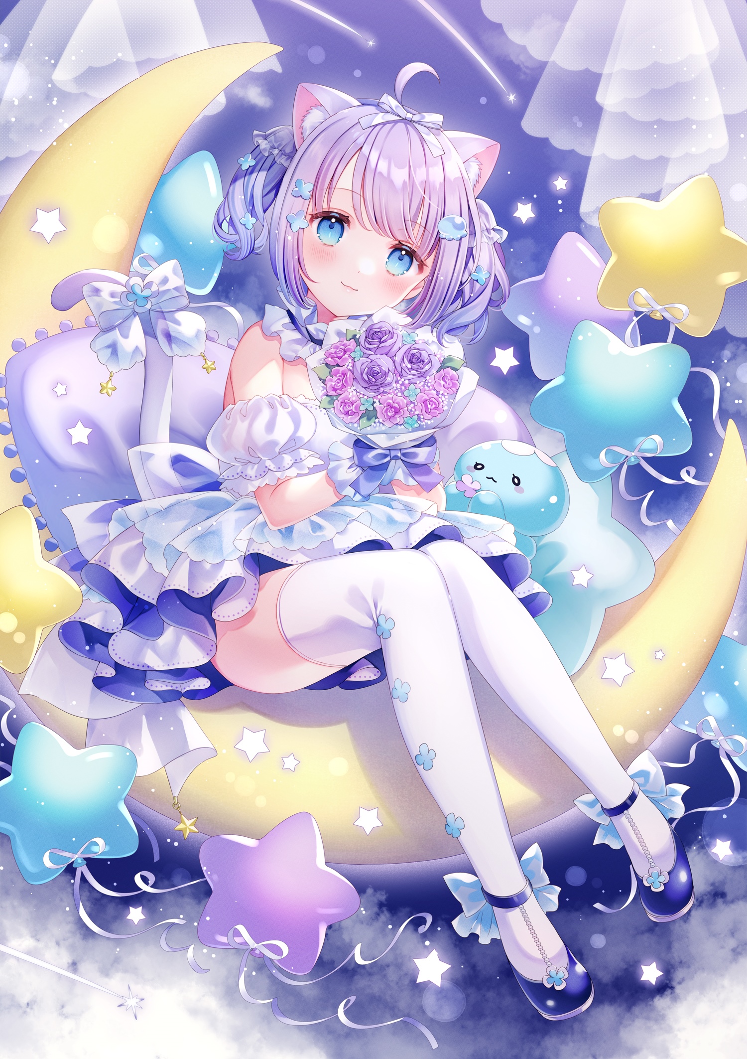 Cat girl with flowers sitting on a crescent moon HD Phone Wallpaper