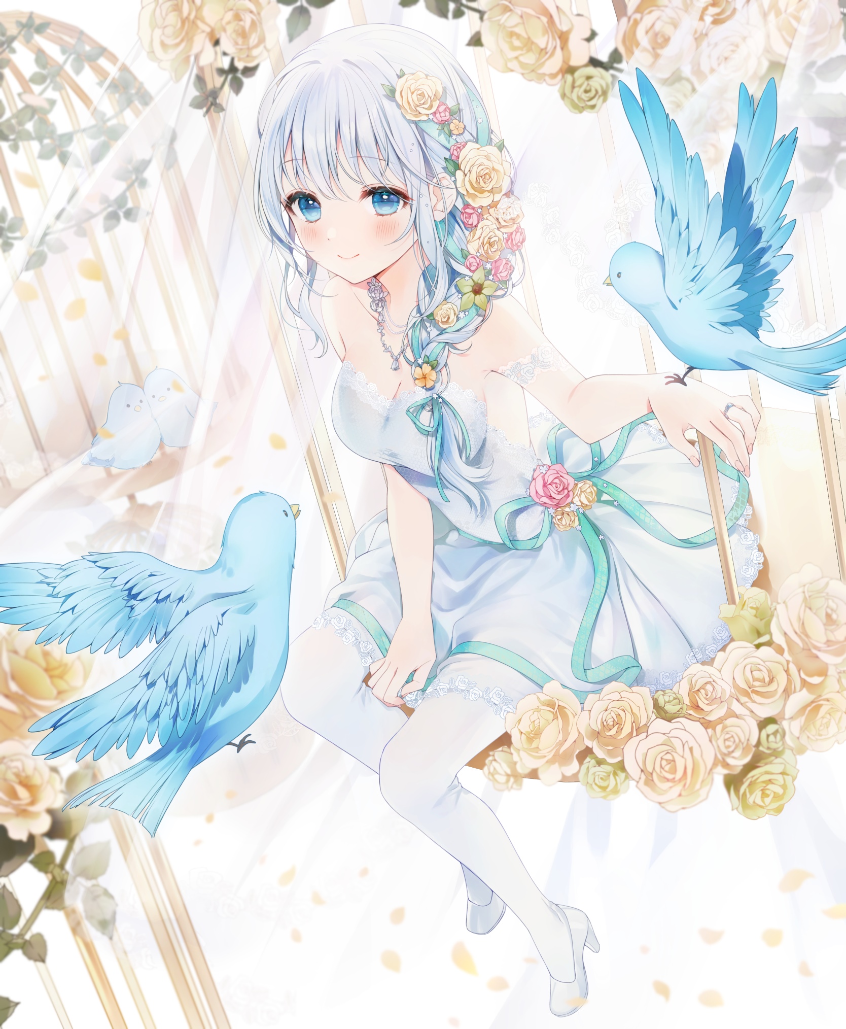 Anime girl with white dress and blue birds HD Phone Wallpaper