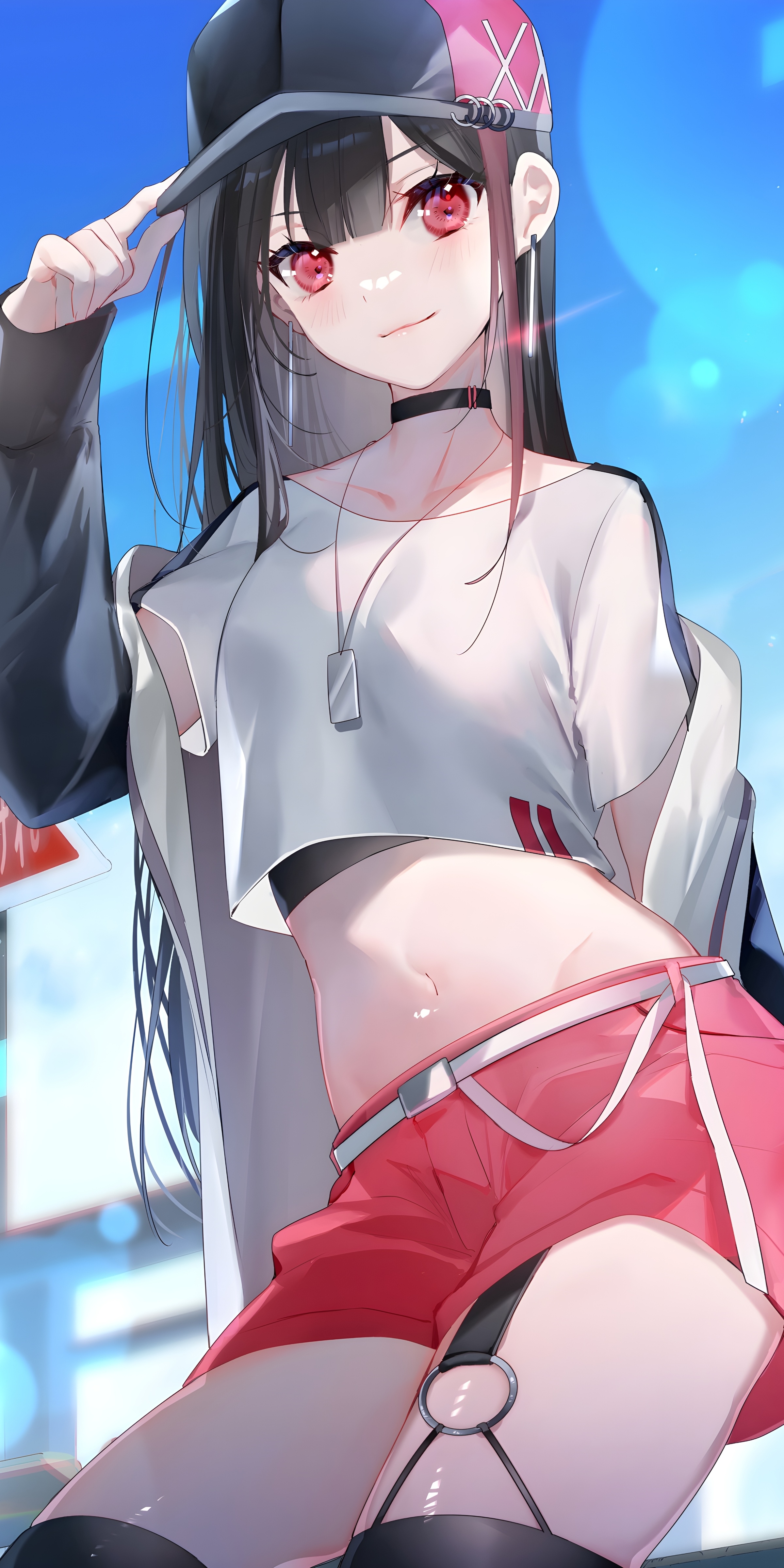 Anime girl with red eyes wearing a crop top and red shorts HD Phone Wallpaper