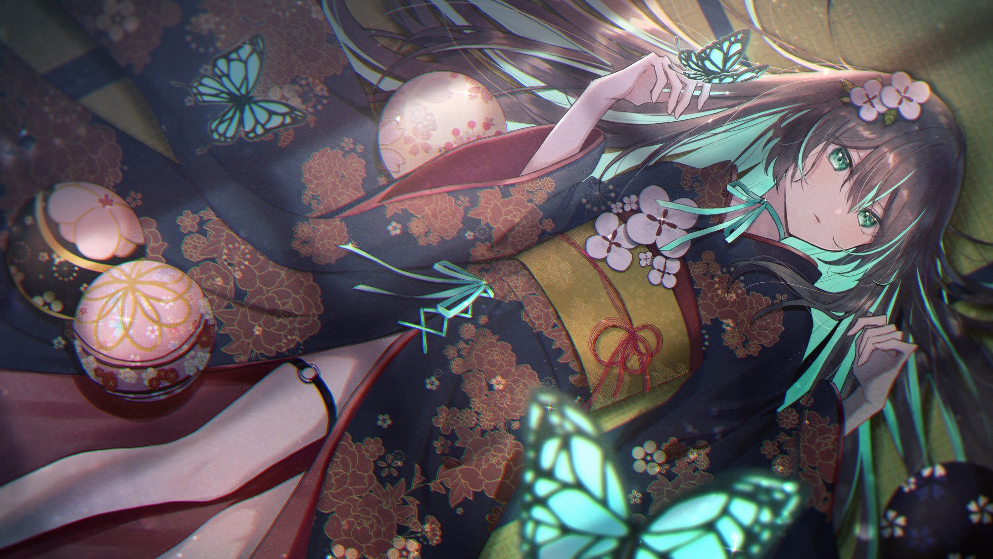 Girl in a kimono with butterflies HD Wallpaper