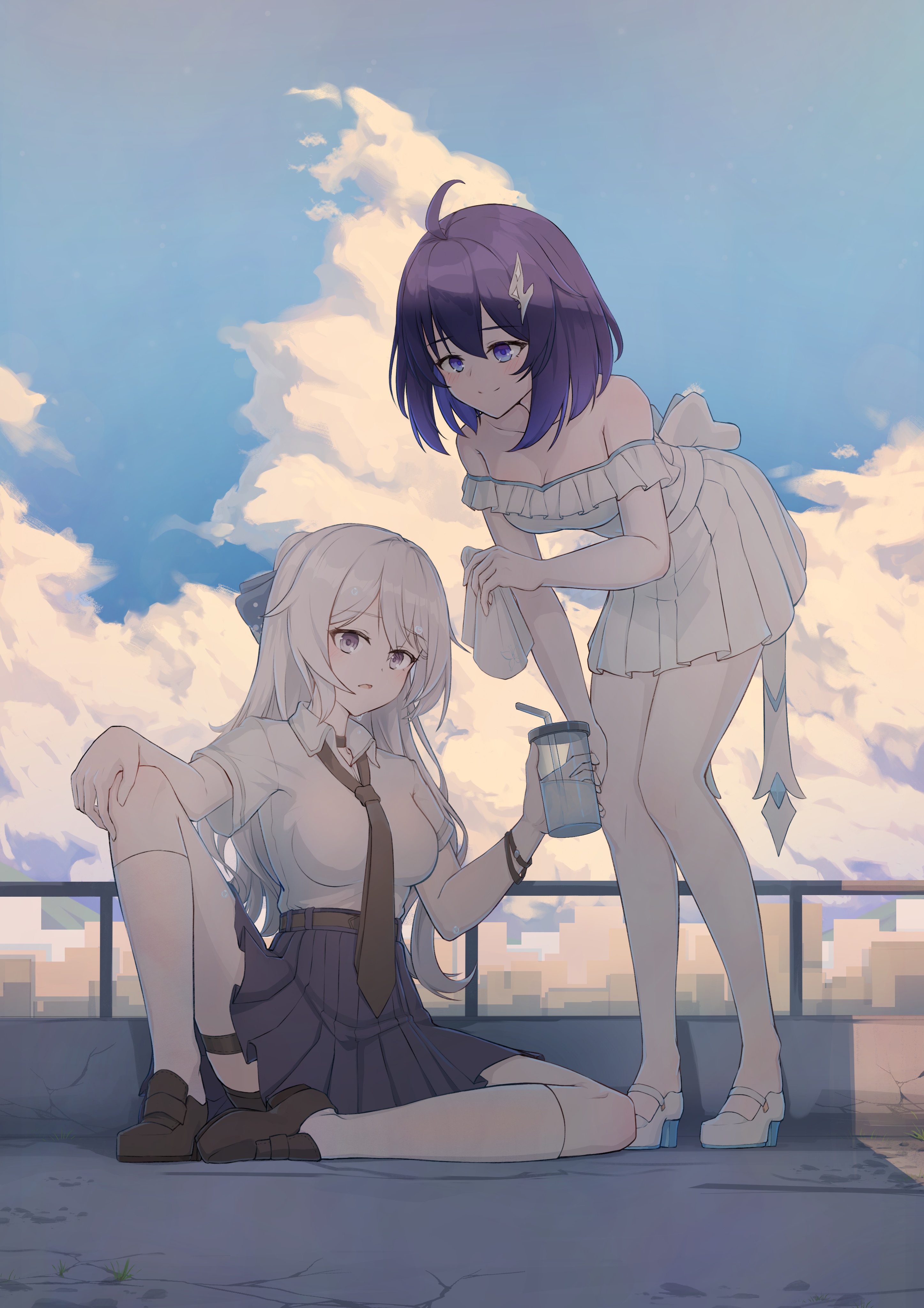 Two anime girls on a rooftop with clouds HD Phone Wallpaper