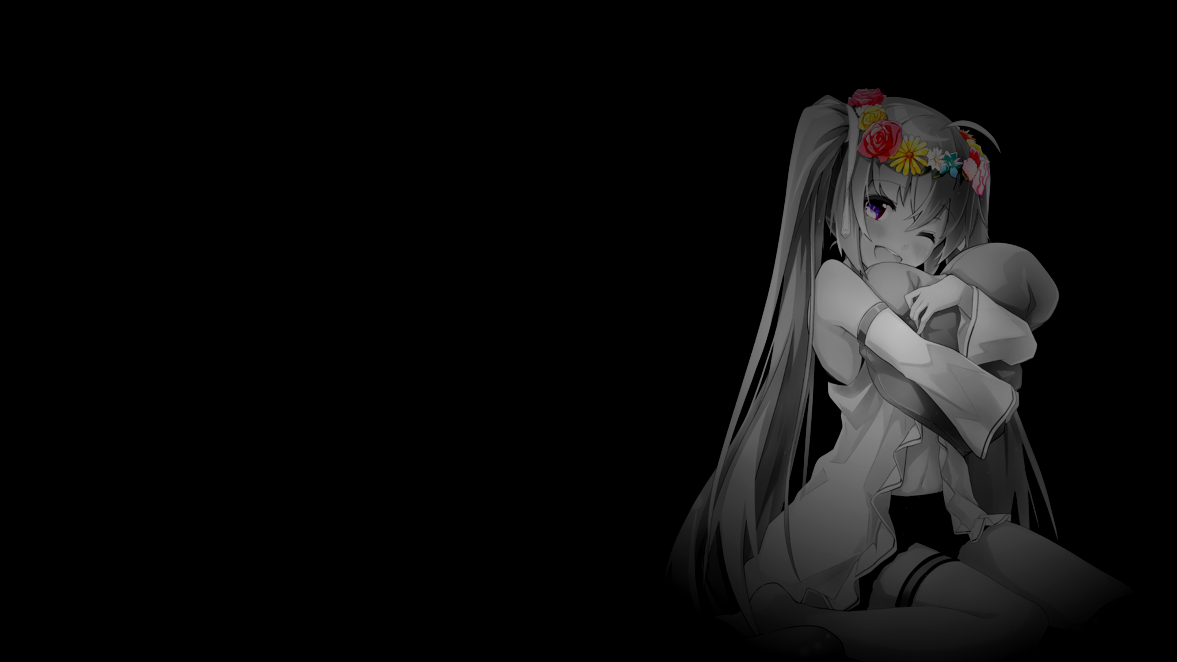 Anime girl with flower crown hugging a plush toy HD Wallpaper