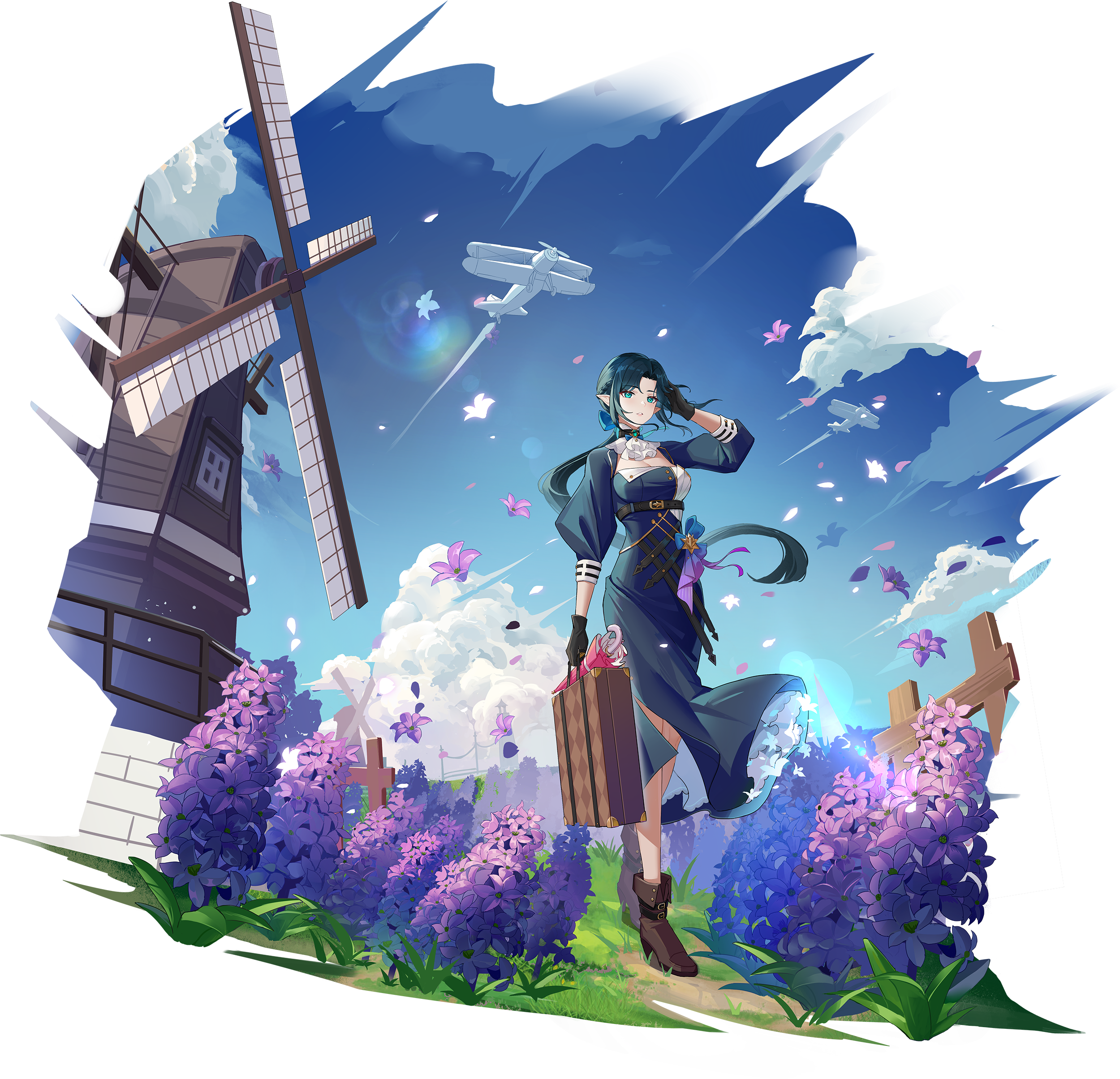 Woman with suitcase in a field of flowers near a windmill HD Wallpaper