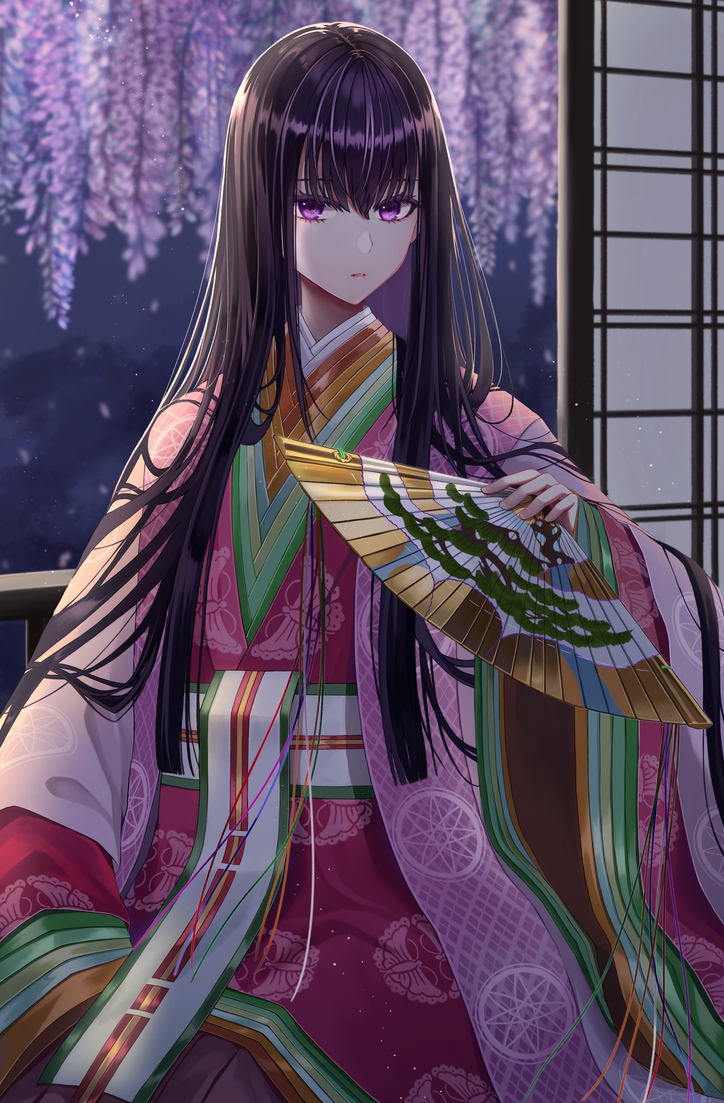Murasaki Shikibu from Fate/Grand Order holding a fan HD Phone Wallpaper