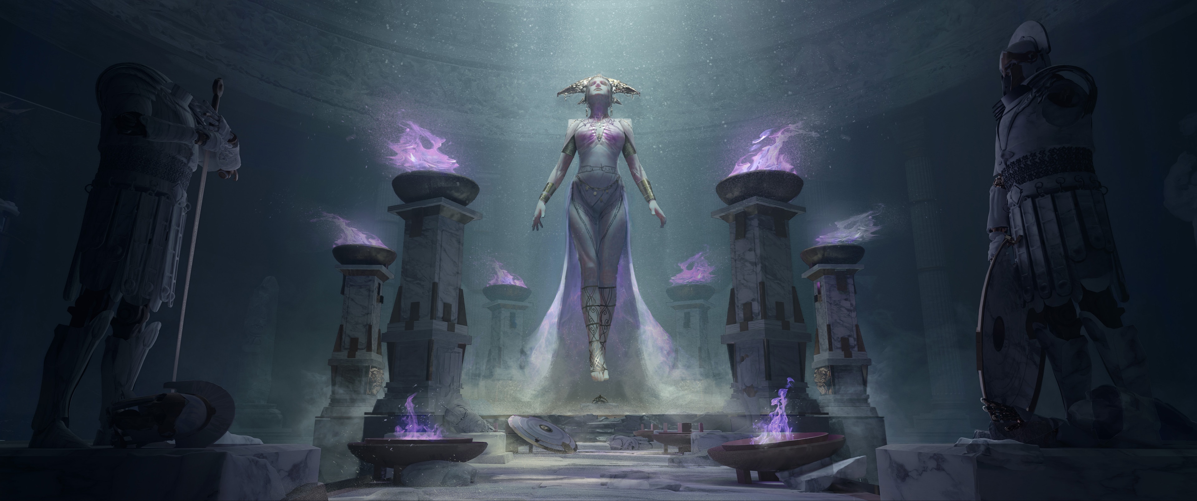 4K Fantasy Art of a Floating Woman in a Temple HD Wallpaper