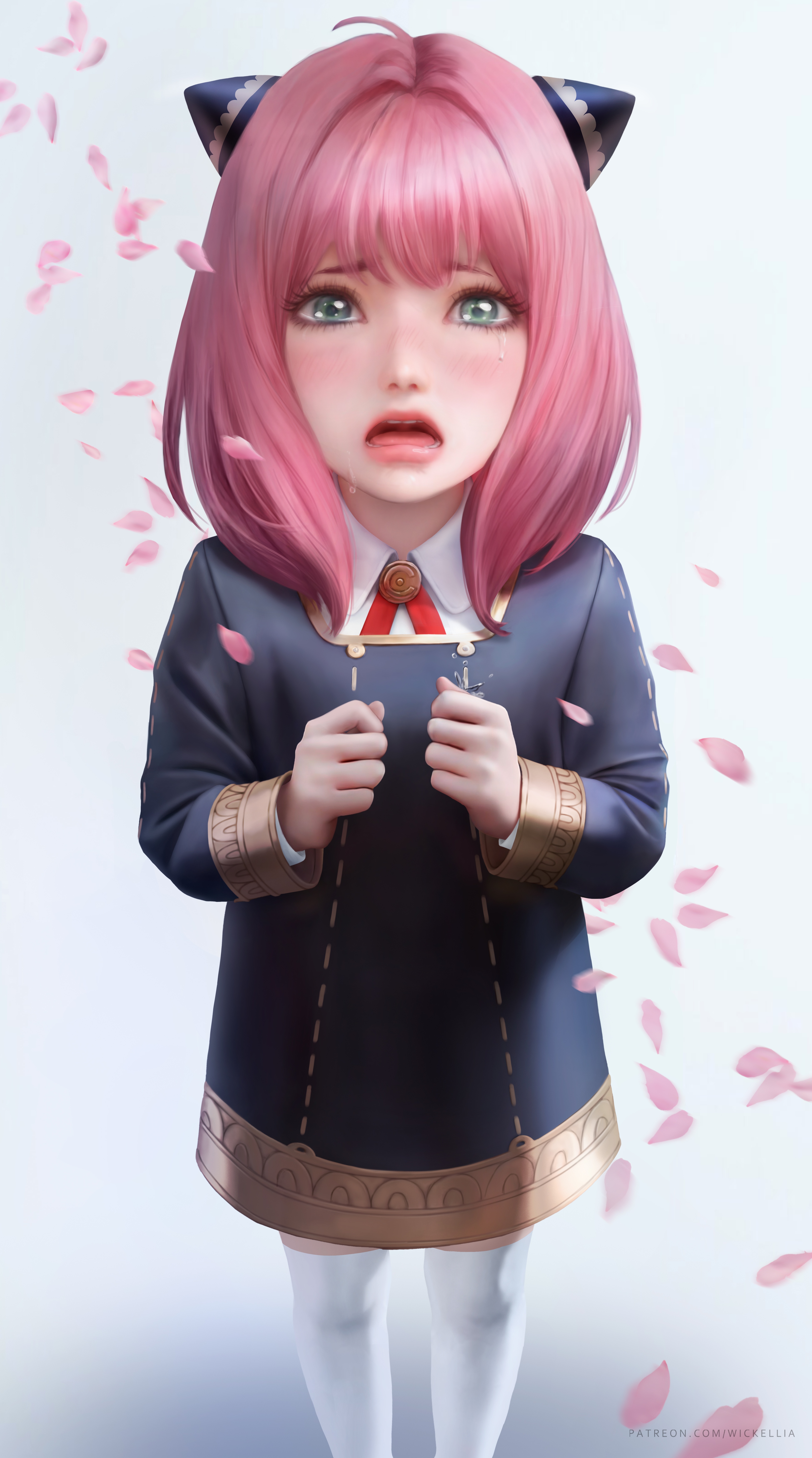 Anya Forger crying amidst falling cherry blossoms HD Phone Wallpaper