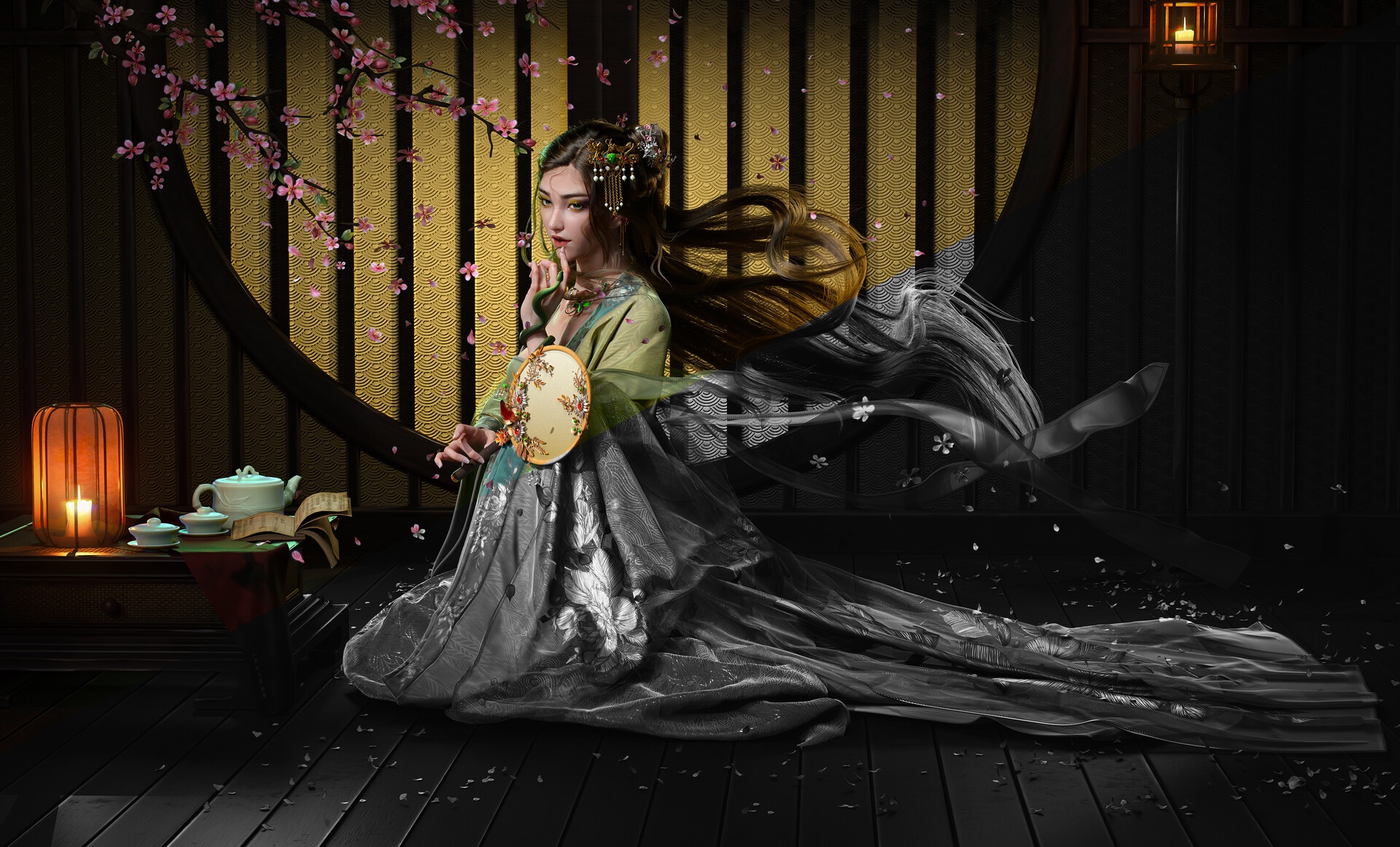 Asian fantasy girl with fan and cherry blossoms HD Wallpaper