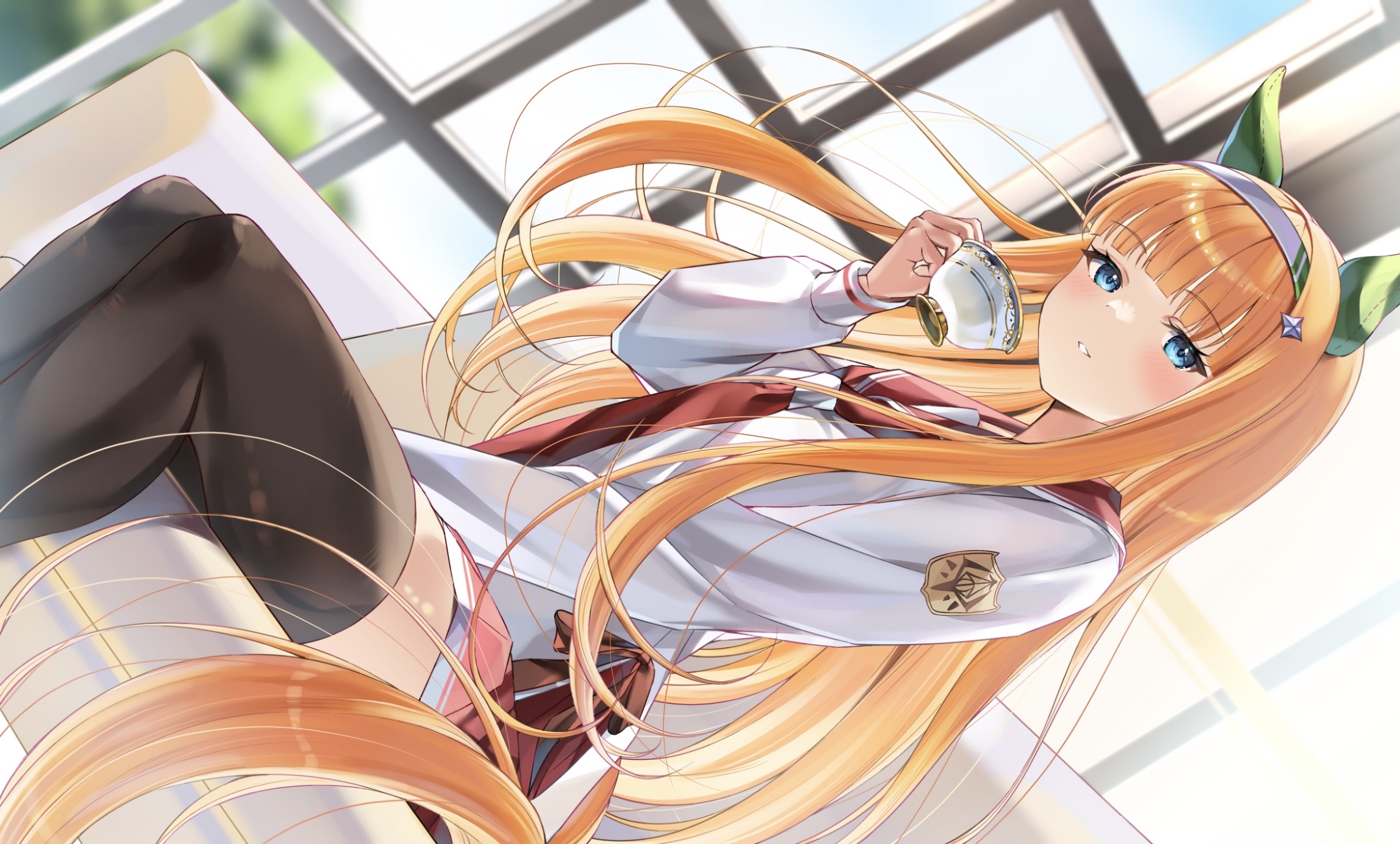 Girl in school uniform drinking from a cup HD Wallpaper