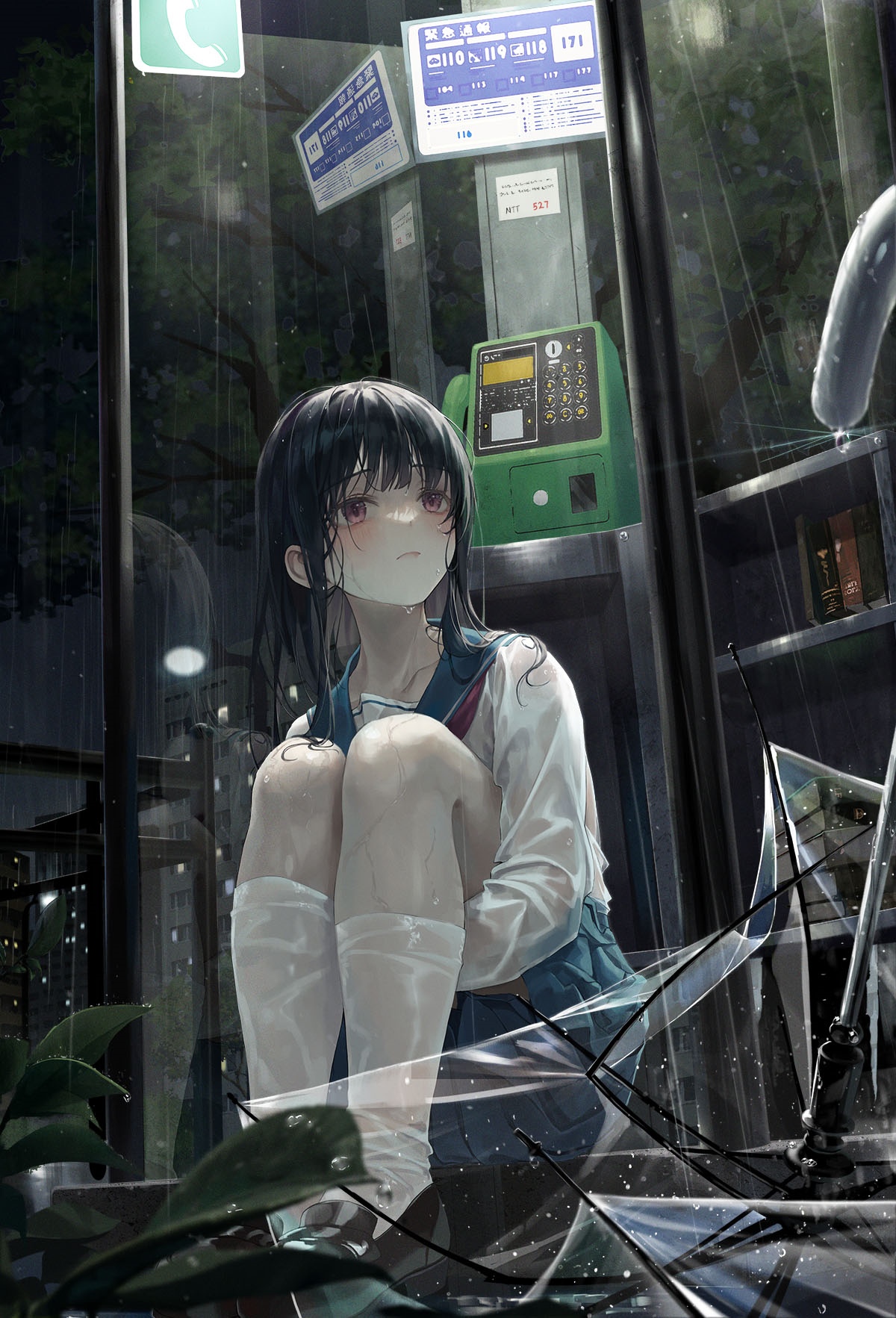 Girl in school uniform in the rain at a payphone HD Phone Wallpaper