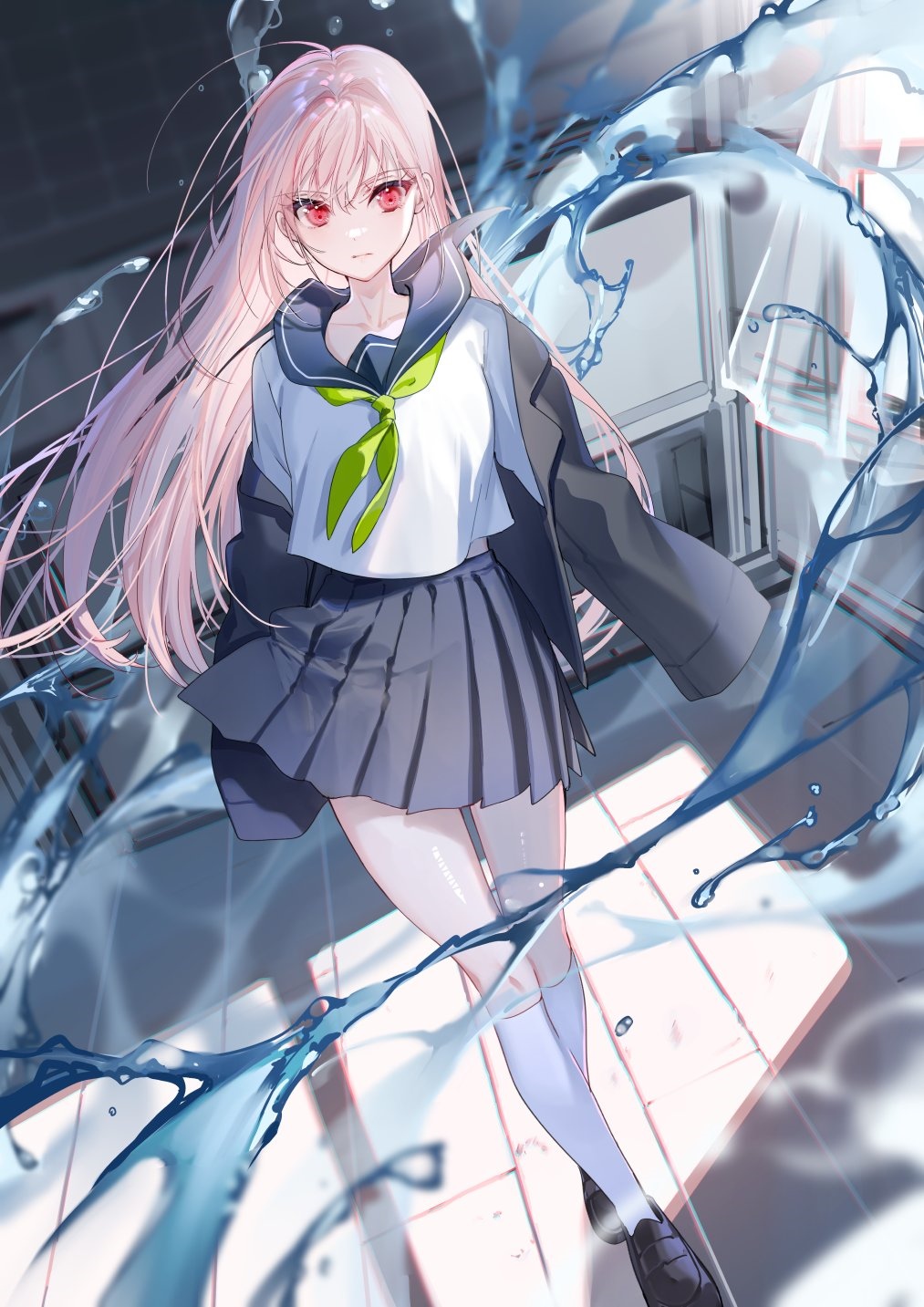 Schoolgirl with pink hair and red eyes surrounded by water HD Phone Wallpaper