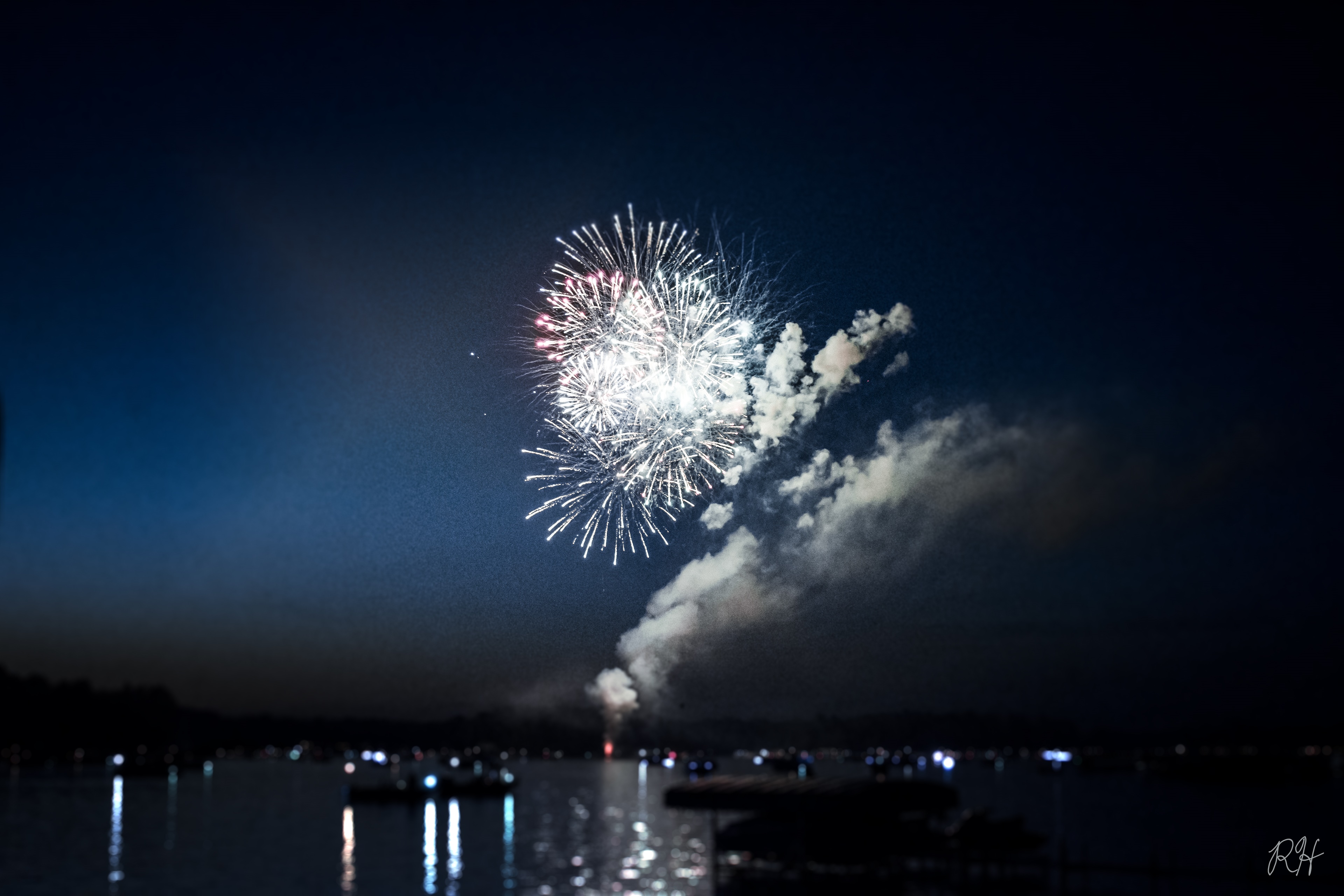 Fireworks over Lake Michigan at night HD Wallpaper