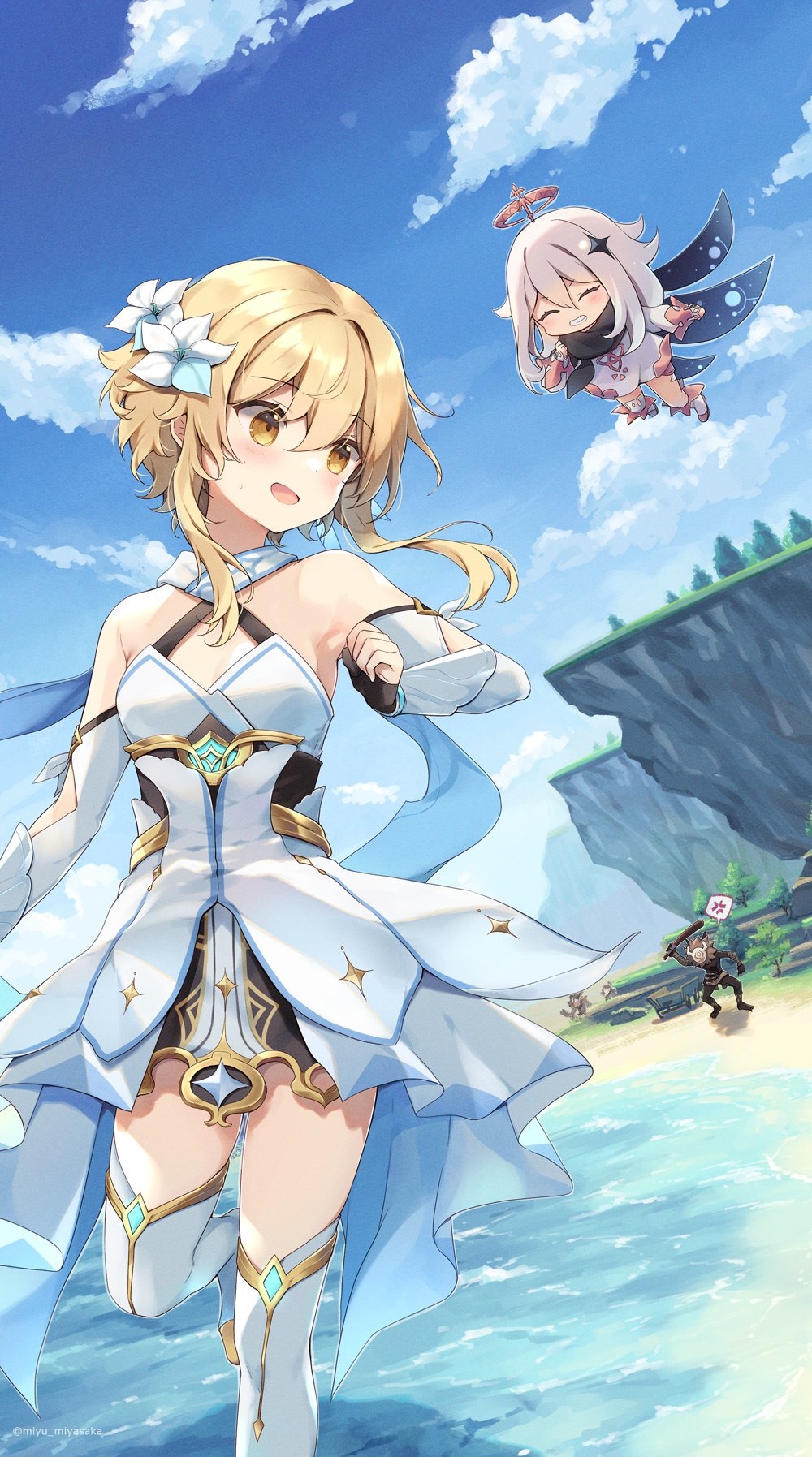 Lumine and Paimon from Genshin Impact on a beach HD Phone Wallpaper