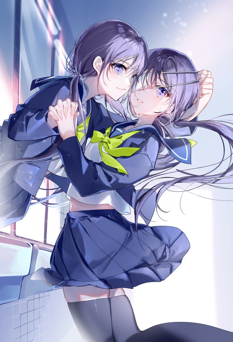 Two schoolgirls in uniform with purple hair HD Phone Wallpaper