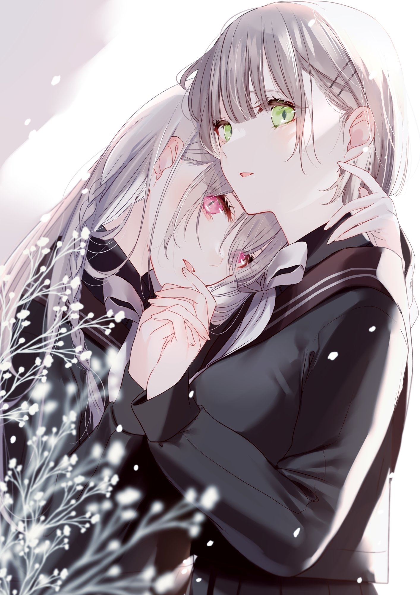 Two schoolgirls in uniform, one with red eyes HD Phone Wallpaper