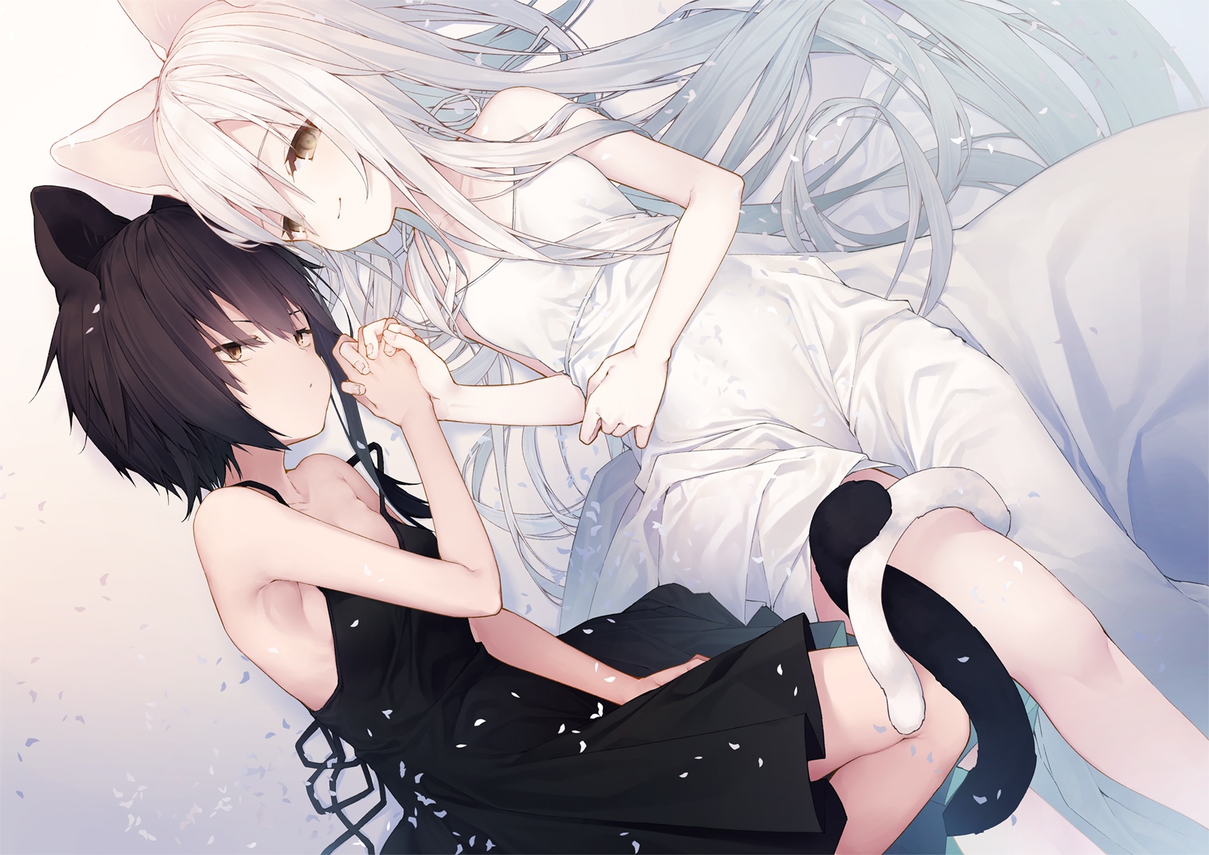 Two cat girls holding hands, one in black, one in white HD Wallpaper