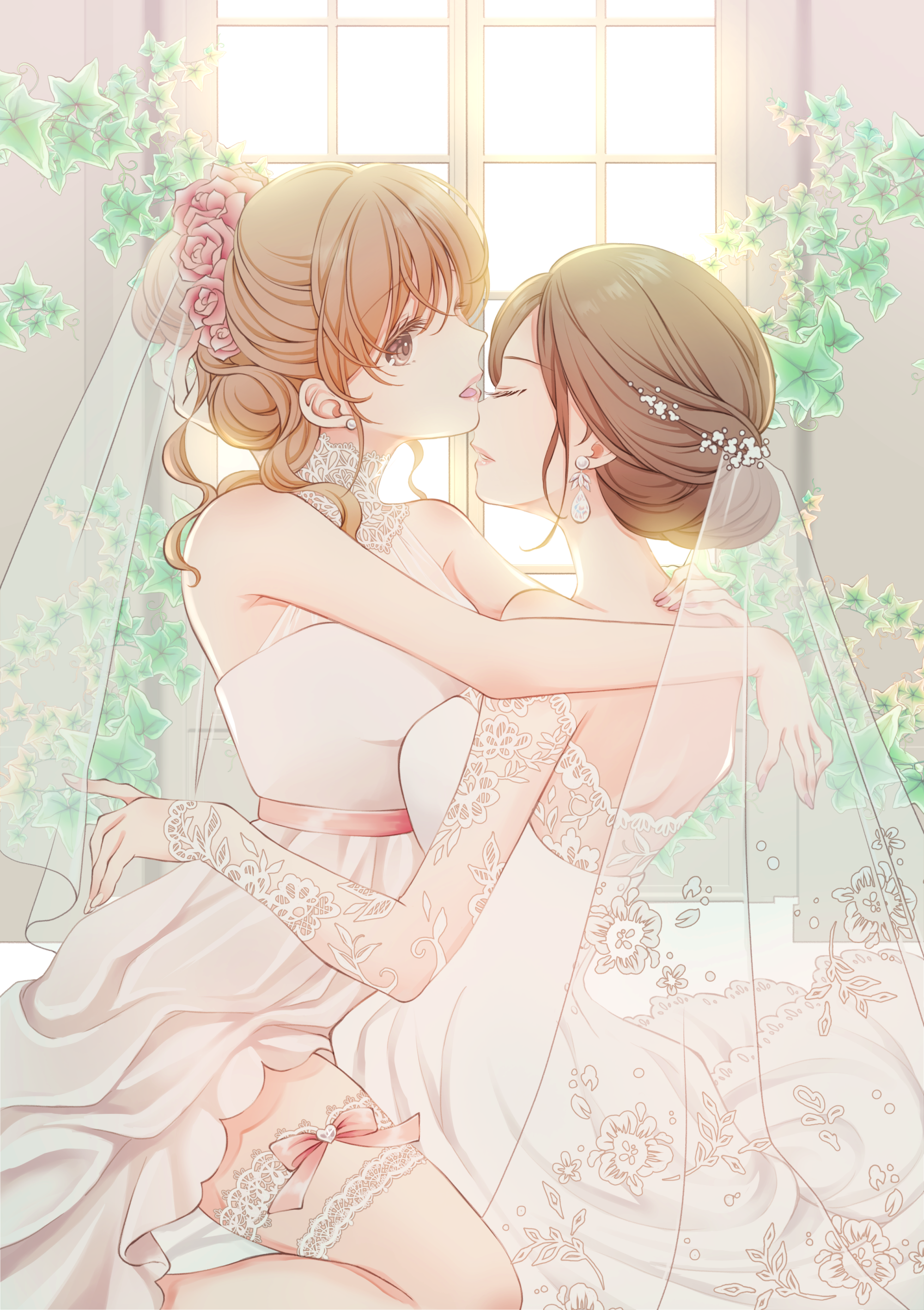 Two women in wedding dresses sharing a tender moment HD Phone Wallpaper