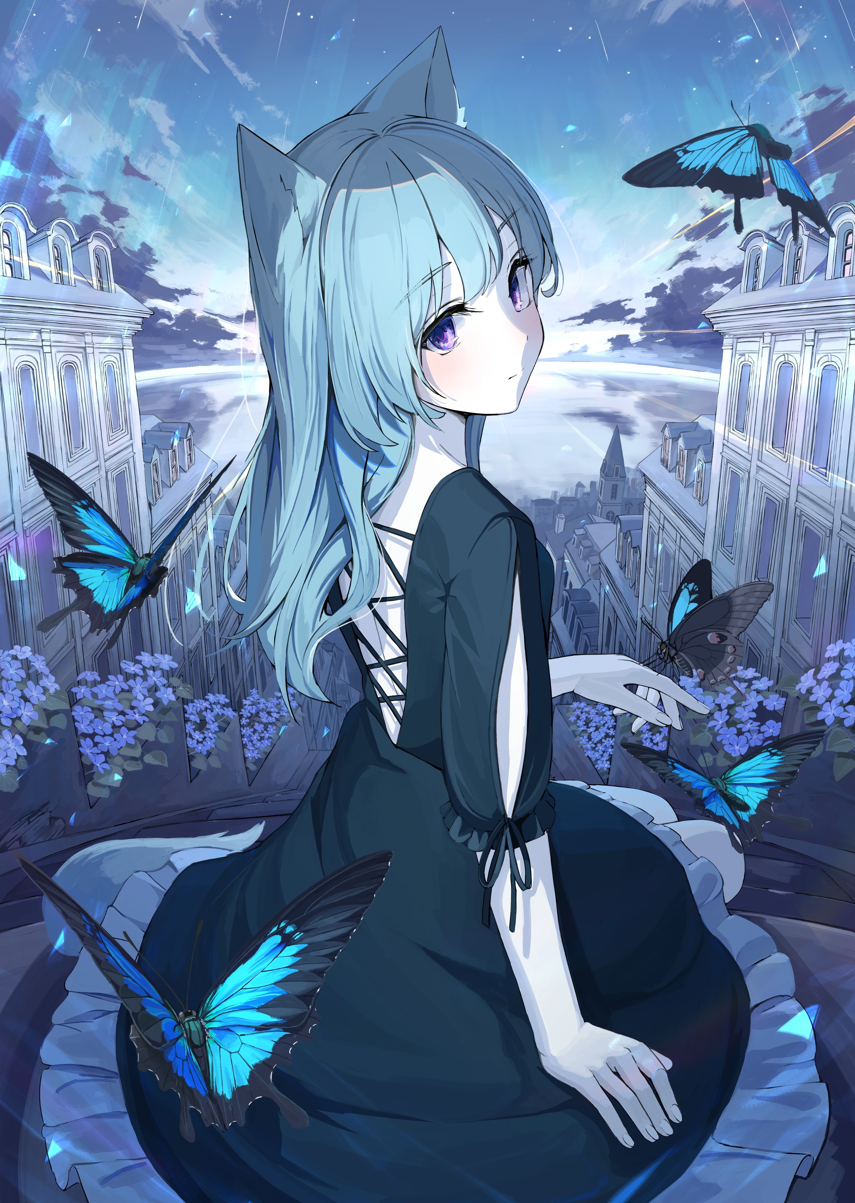 Cat girl with blue hair and purple eyes surrounded by butterflies HD Phone Wallpaper