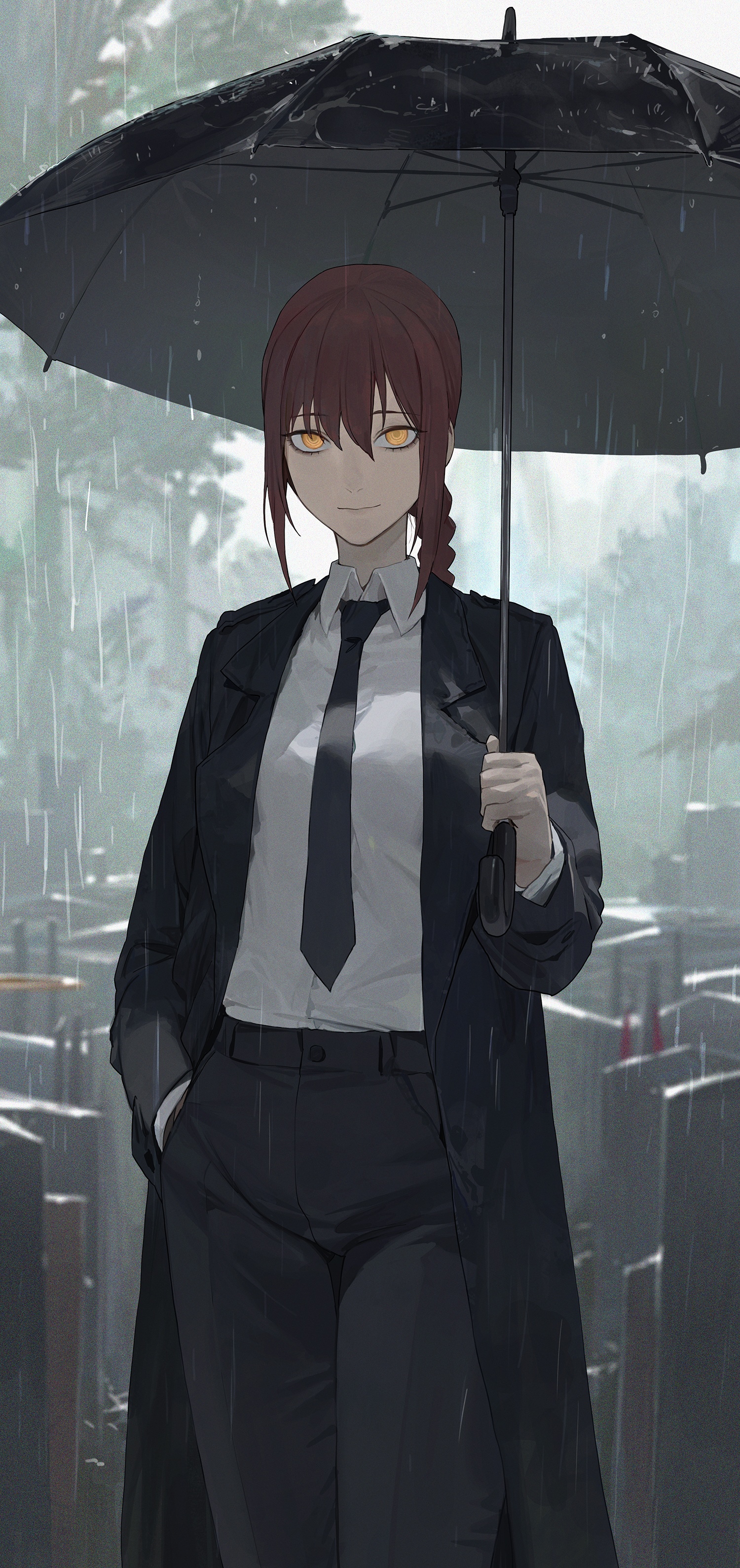 Makima from Chainsaw Man holding an umbrella in the rain HD Phone Wallpaper