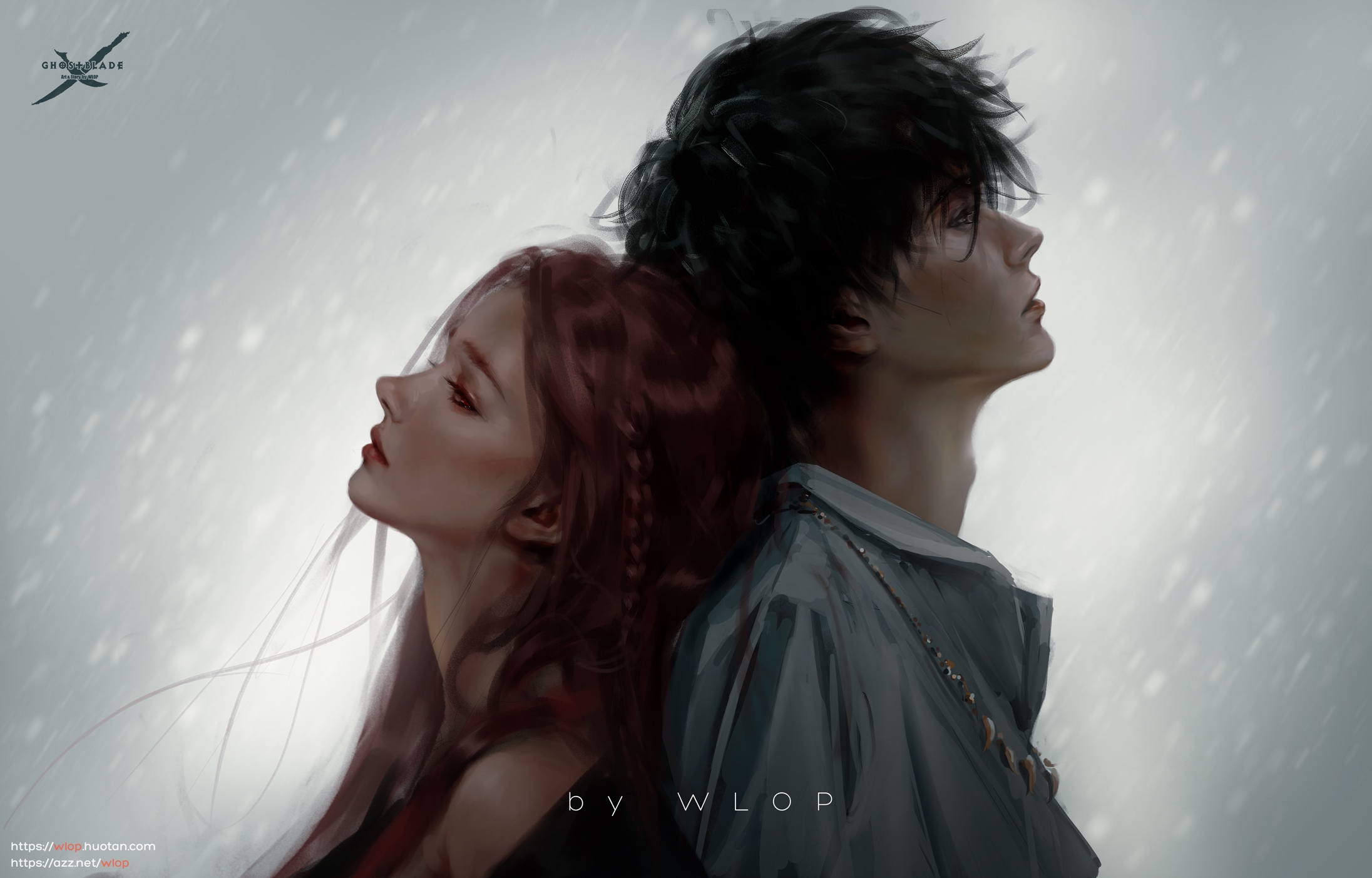 Ghostblade by WLOP: A man and woman in the rain HD Wallpaper