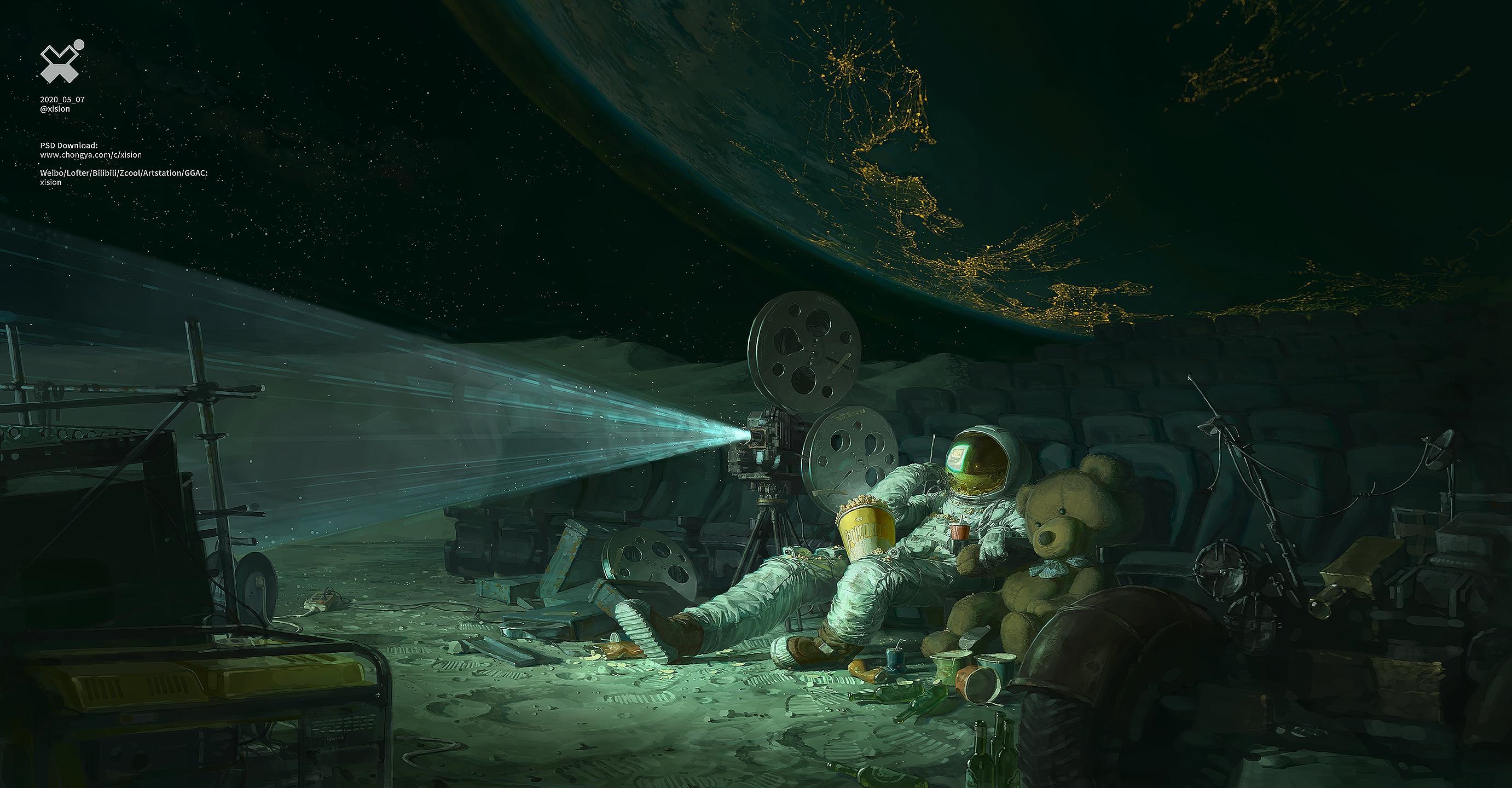 Astronaut watching a movie on the moon with Earth in the background HD Wallpaper