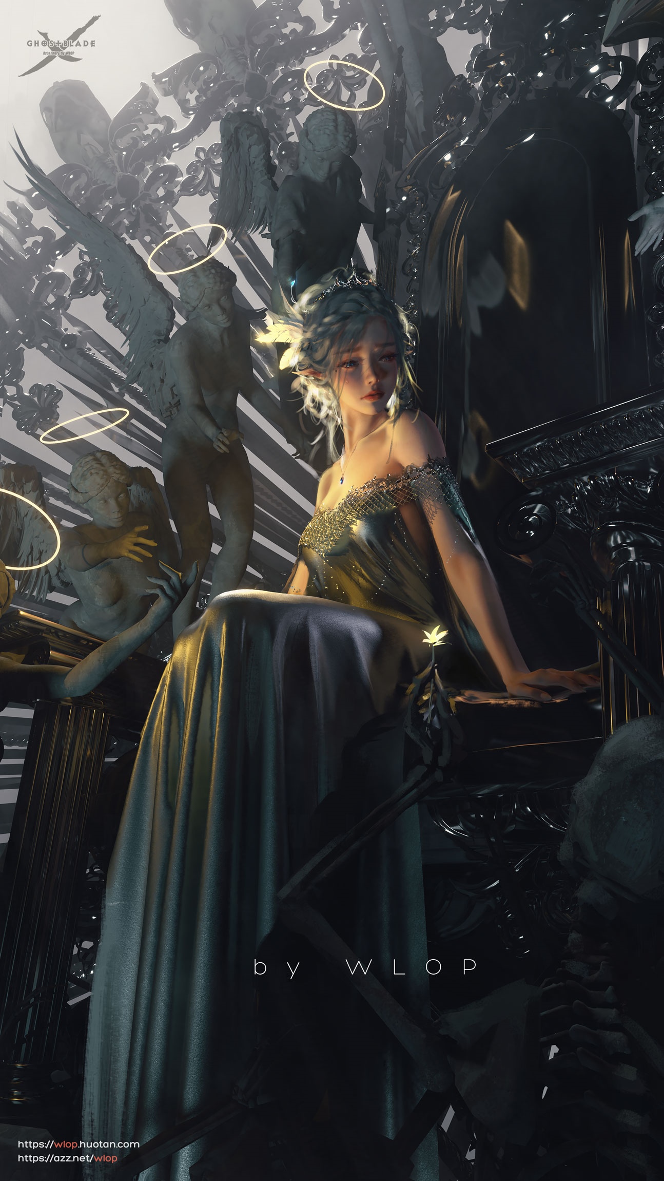 Fantasy girl with nimbus and statues by WLOP HD Phone Wallpaper