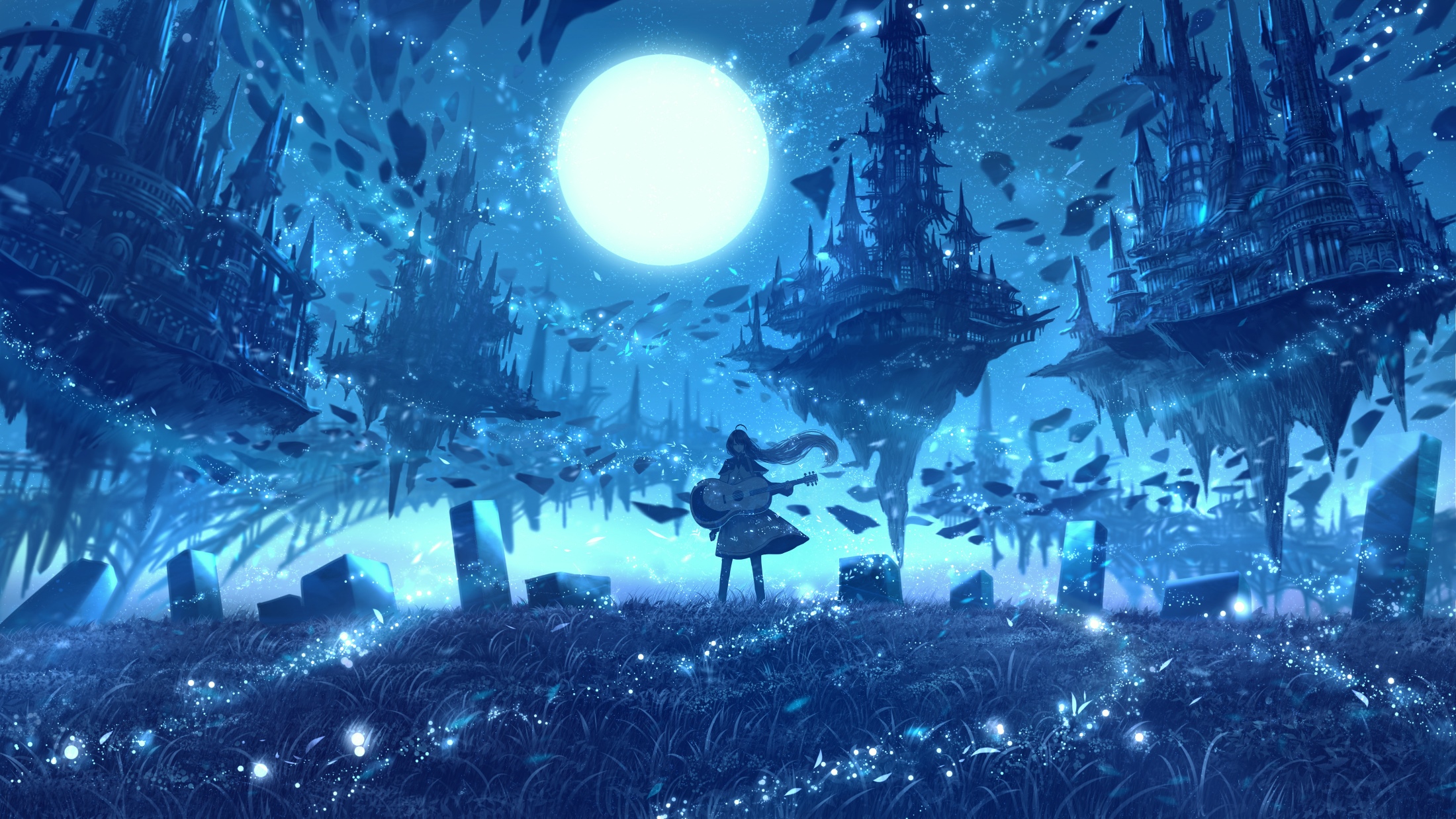 Girl with Guitar Under the Moon with Floating Castles HD Wallpaper