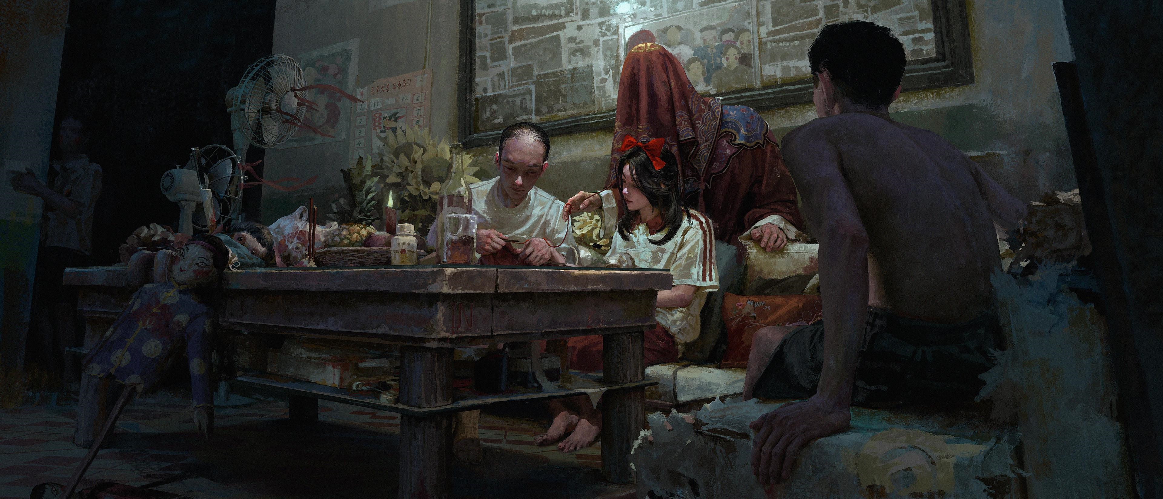People gathered around a table with dolls and offerings HD Wallpaper