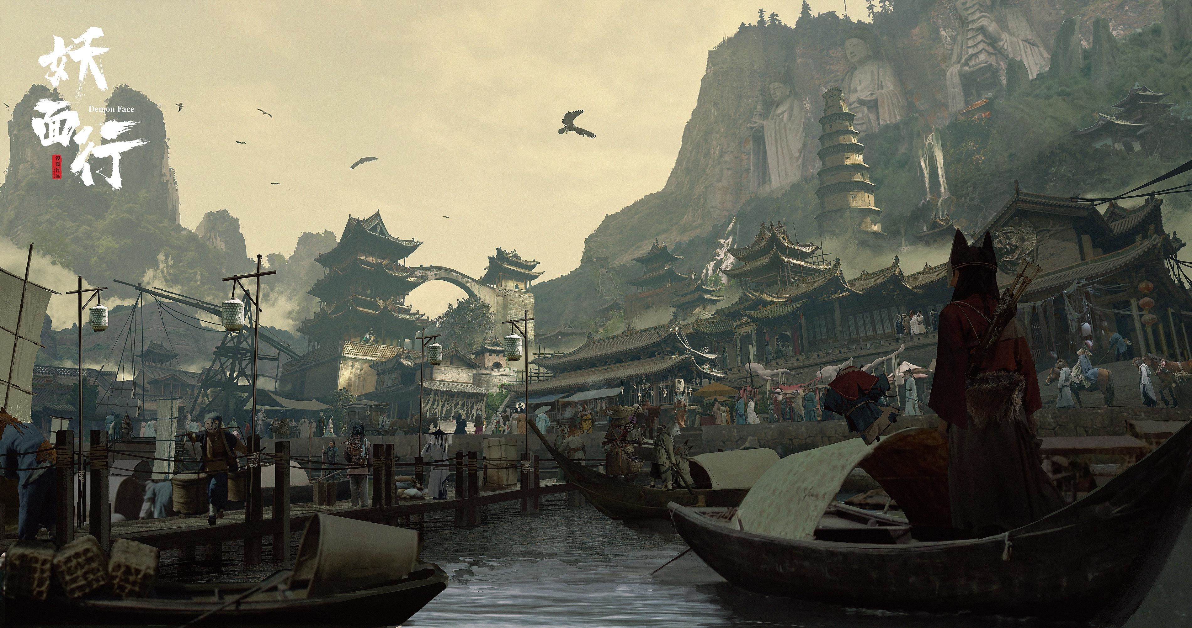 Demon Face: Junling Wang on a boat in a harbor HD Wallpaper