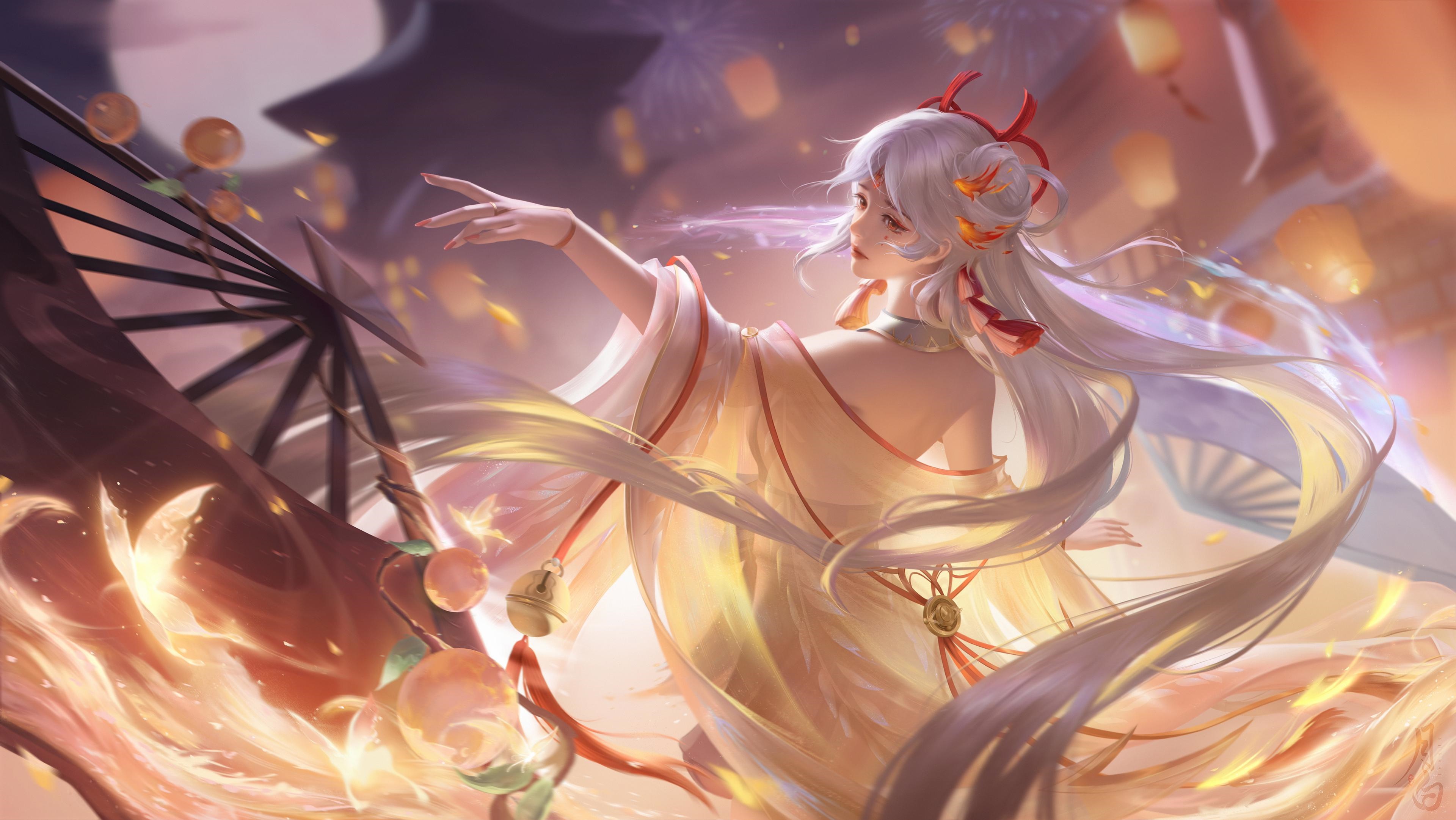 4K woman with white hair and red horns HD Wallpaper
