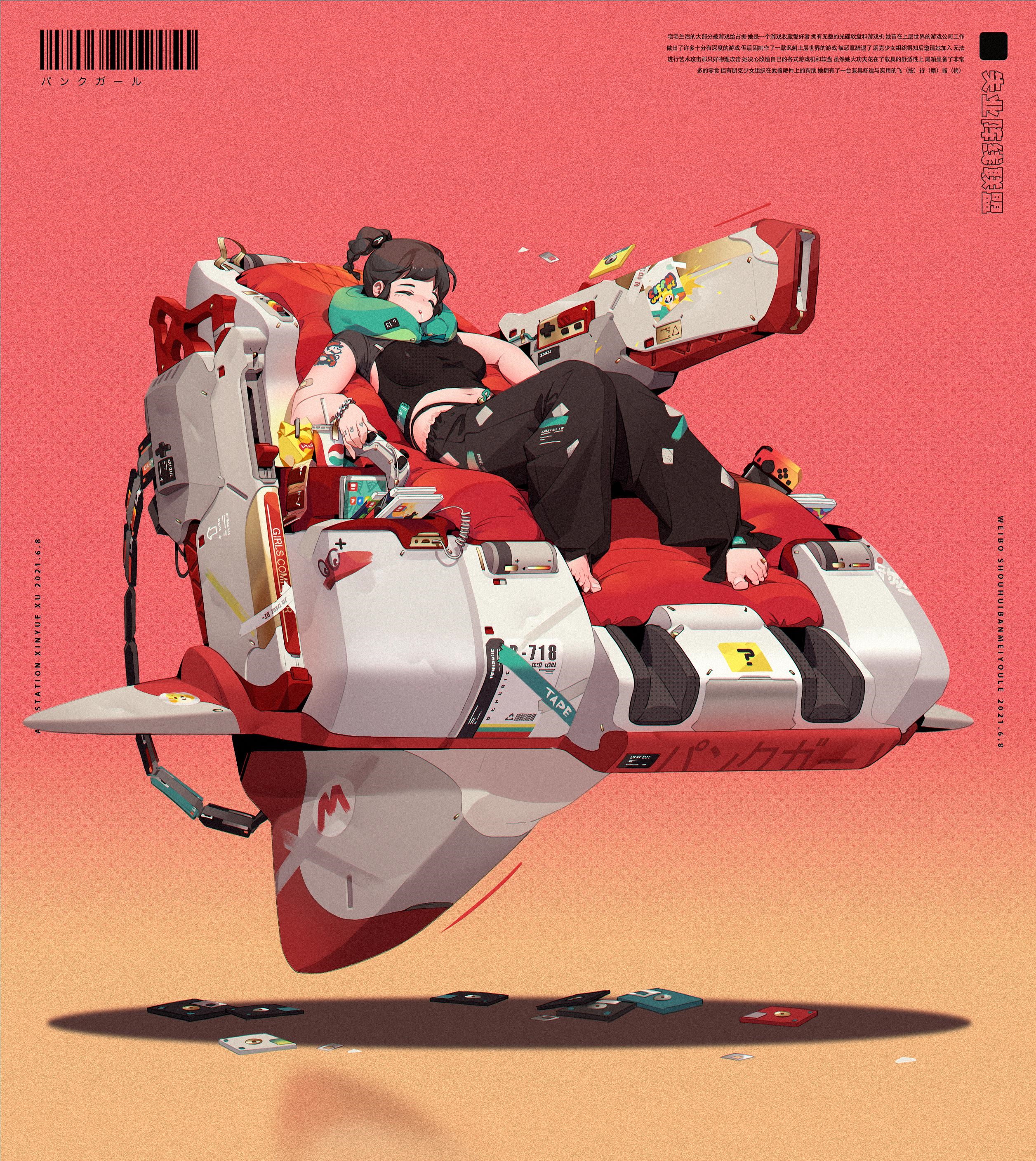 Girl in a futuristic chair with floppy disks HD Phone Wallpaper