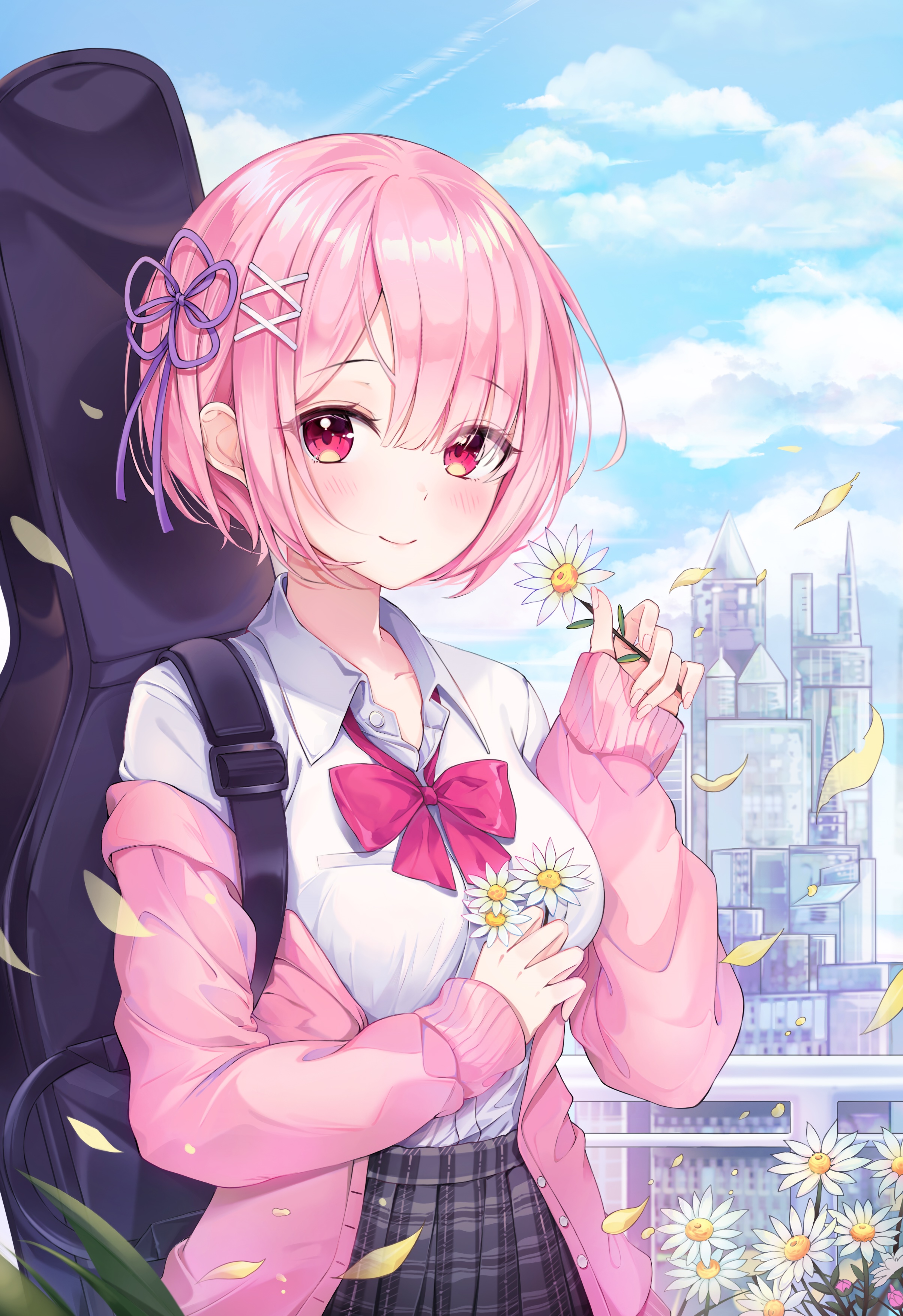 Ram from Re:Zero holding daisies with a guitar case HD Phone Wallpaper