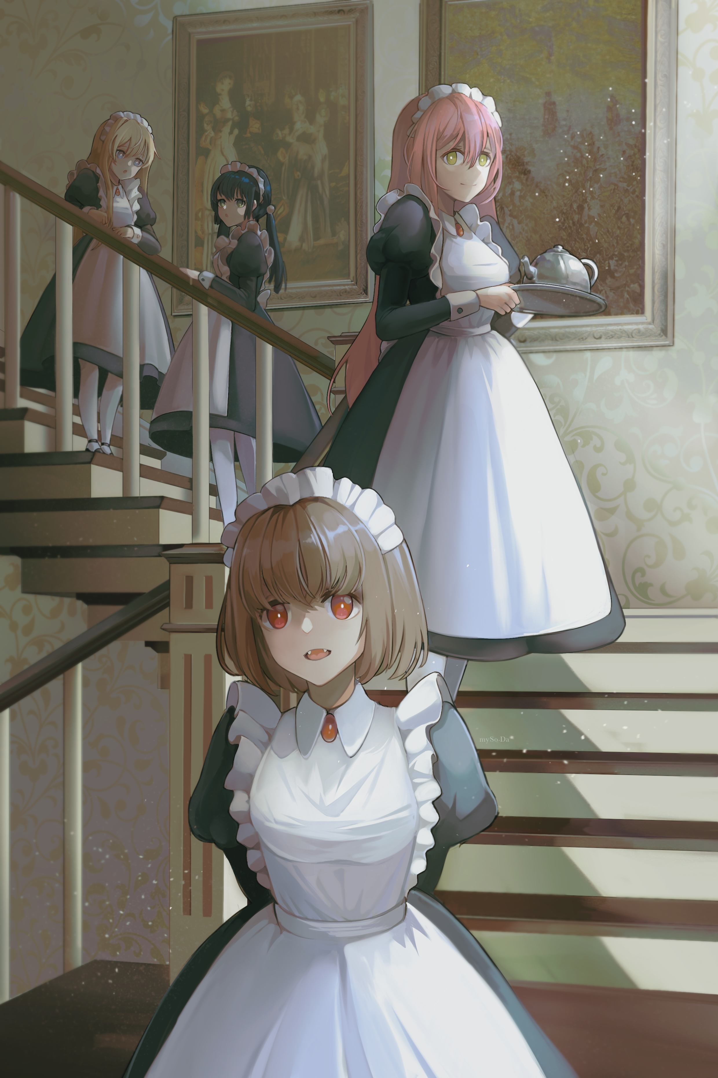 Anime maids on a staircase with paintings HD Phone Wallpaper
