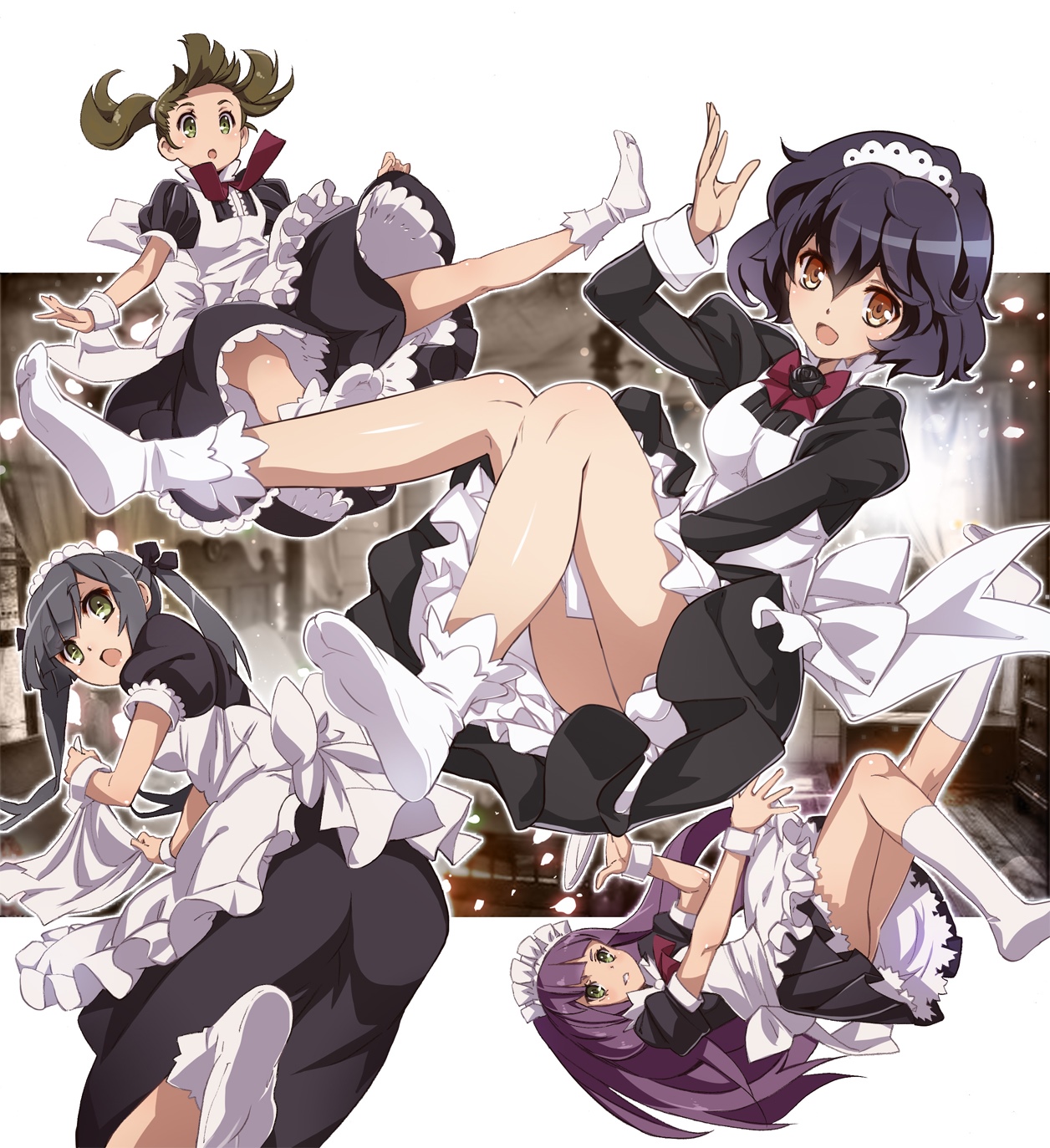 Four anime maids in dynamic poses HD Wallpaper