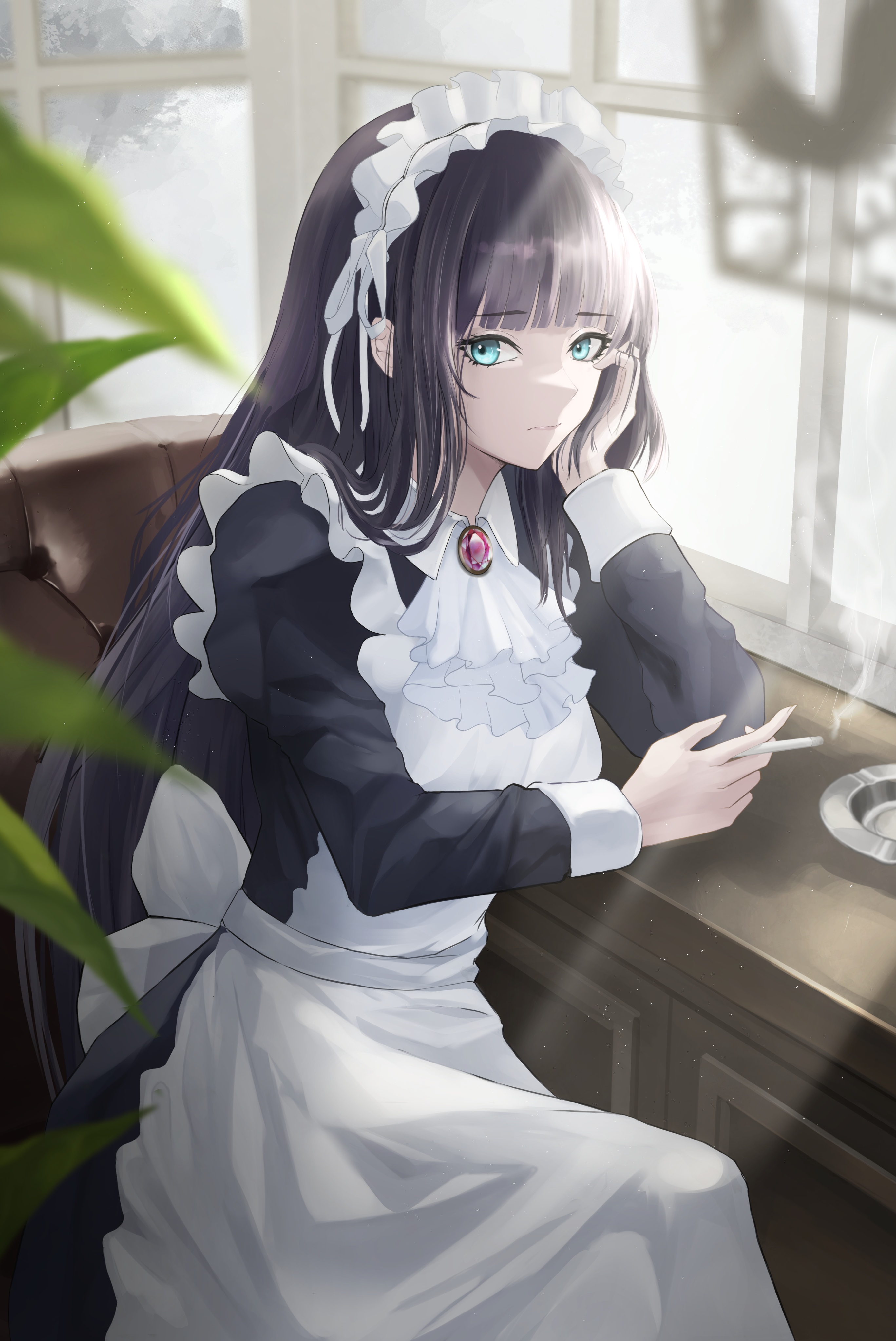 Anime girl in maid outfit smoking by the window HD Phone Wallpaper