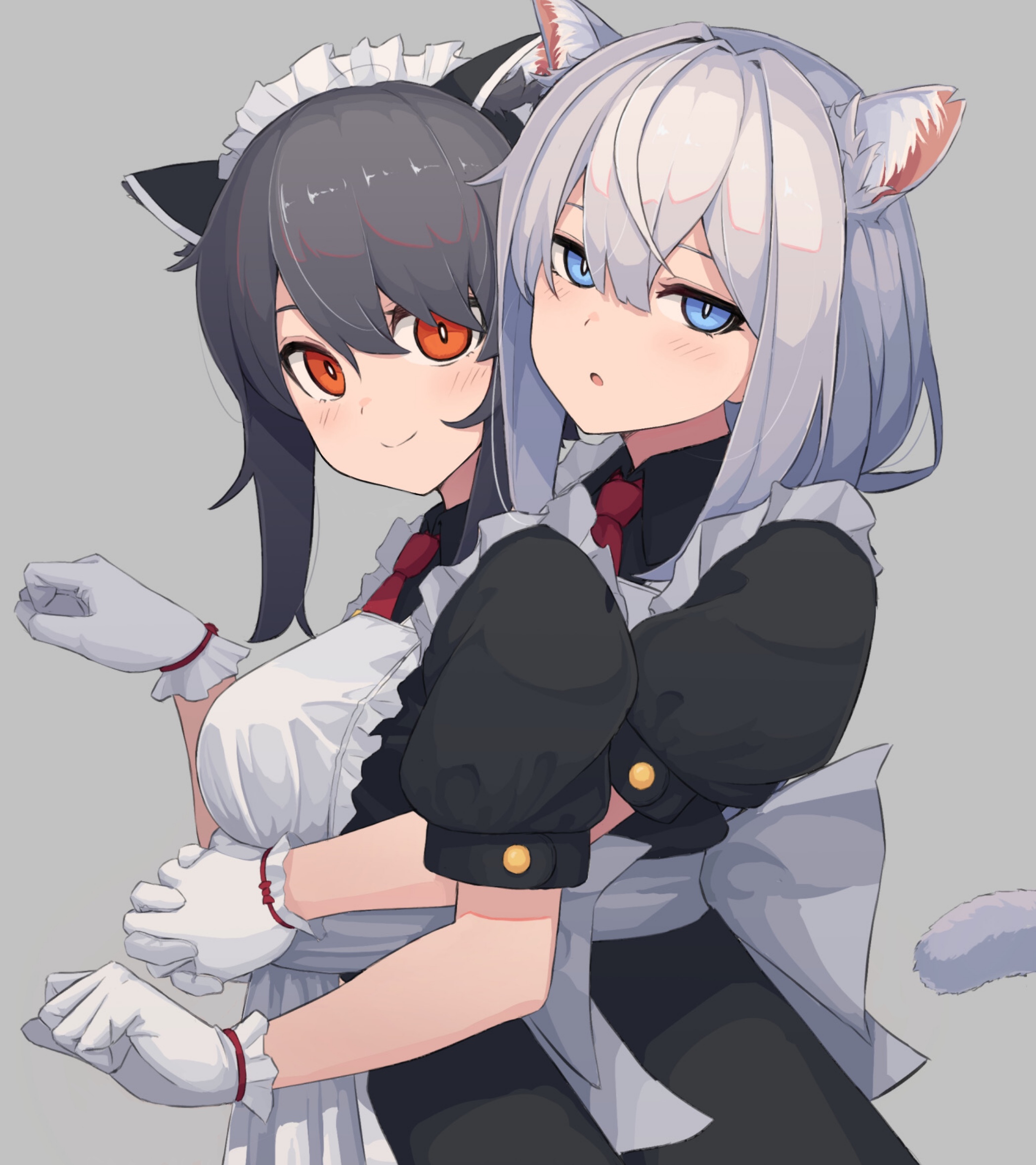 Two anime cat girls in maid outfits hugging HD Phone Wallpaper