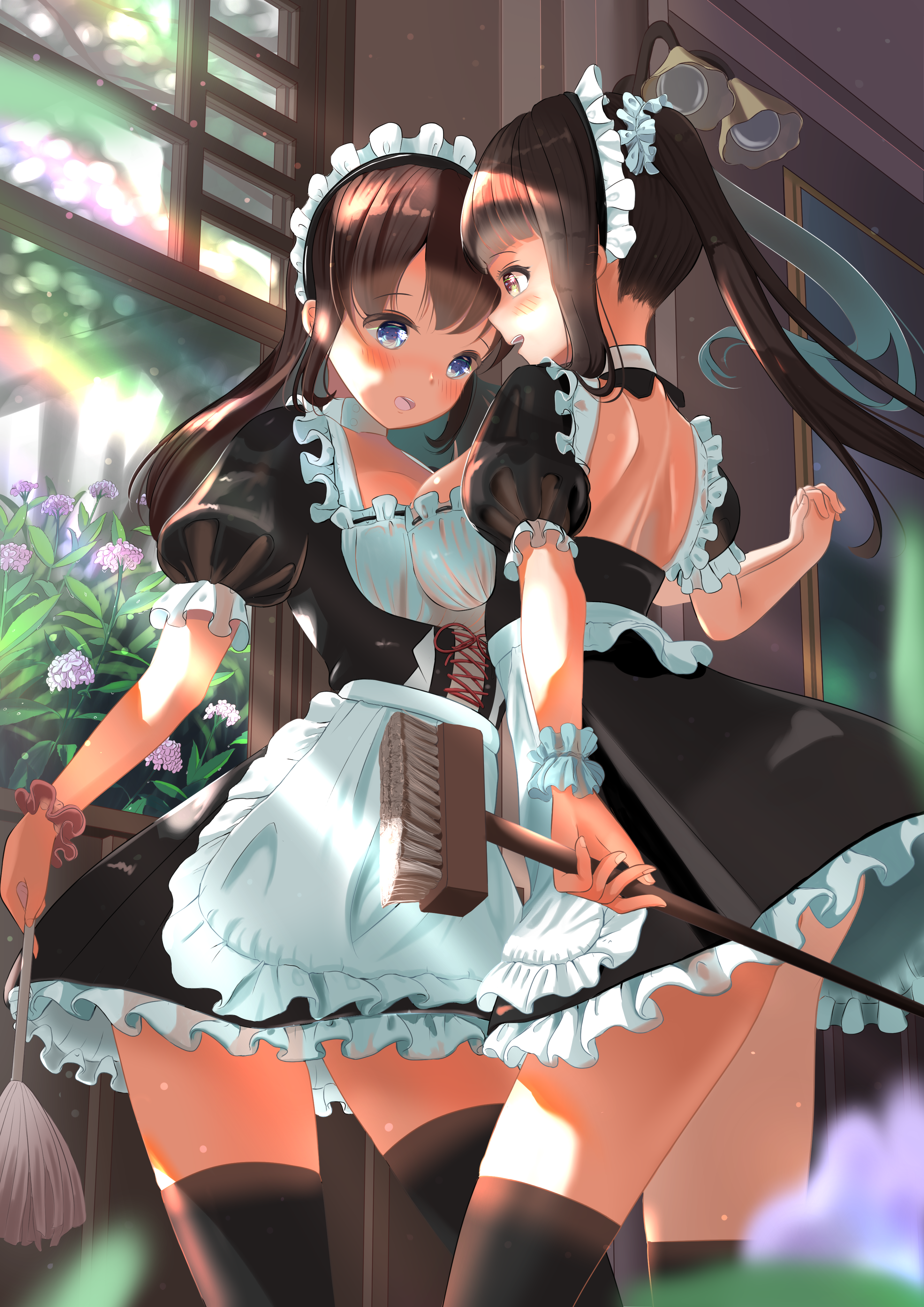 Two maids in maid outfits with cleaning tools HD Phone Wallpaper