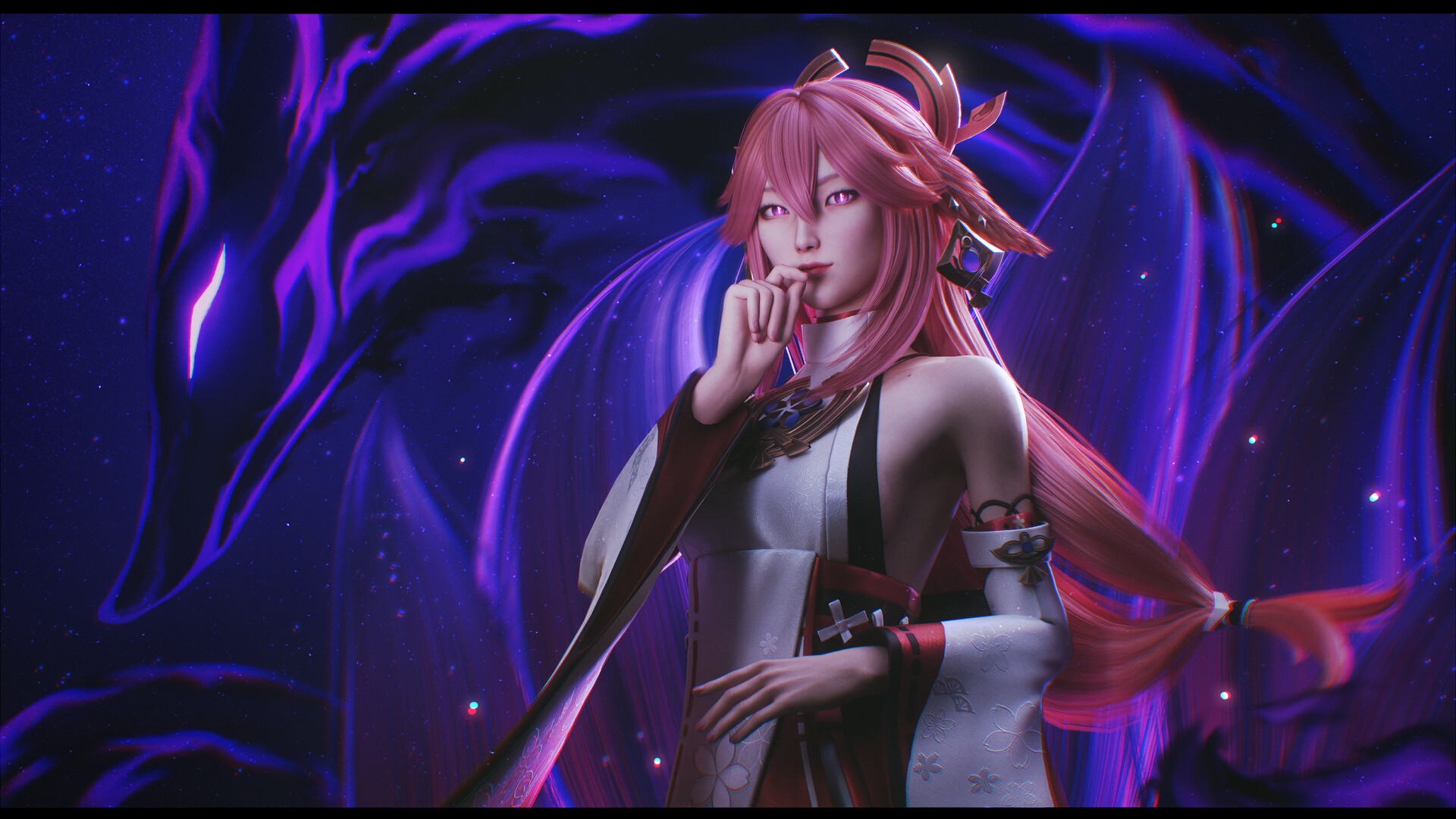 Yae Miko from Genshin Impact with a spirit fox HD Wallpaper
